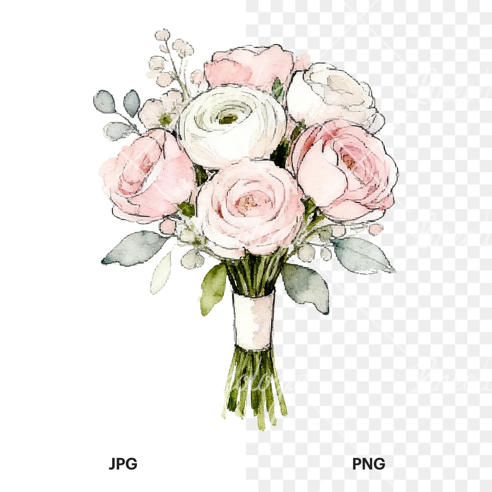 Watercolor white and pale pink rose wedding bouquet clipart 7 of 9, as a JPG on white and a transparent PNG