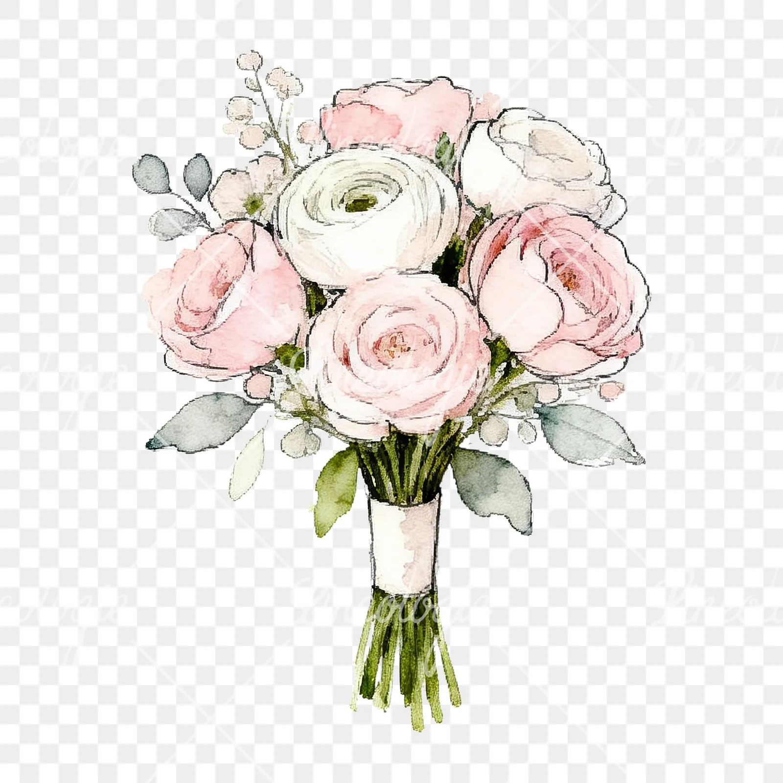 Watercolor white and pale pink rose wedding bouquet clipart 7 of 9 on a transparent background (PNG)