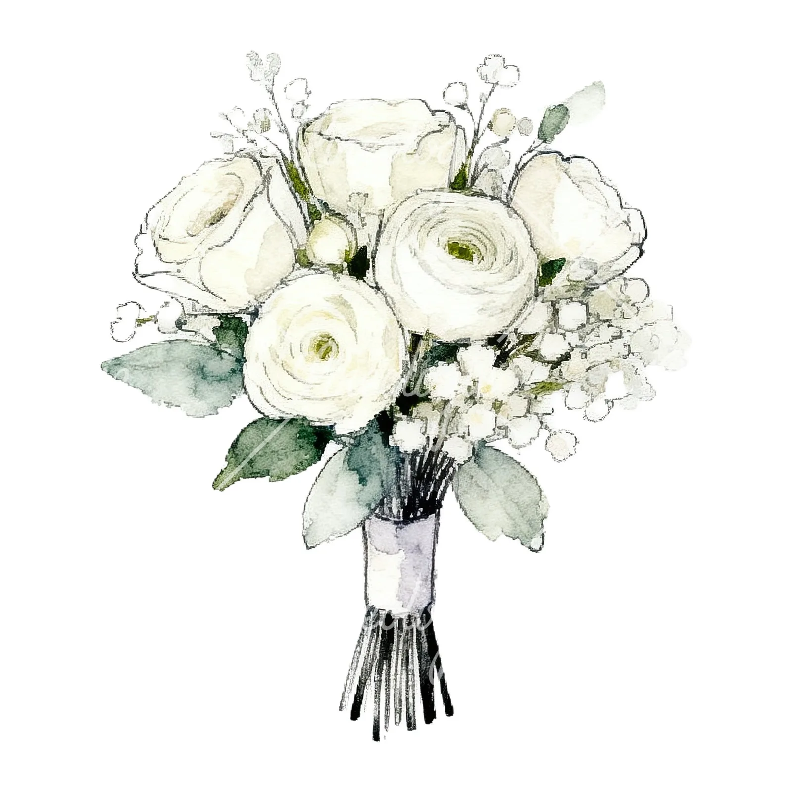 Watercolor white and pale pink rose wedding bouquet clipart 8 of 9 on a white background (JPG)