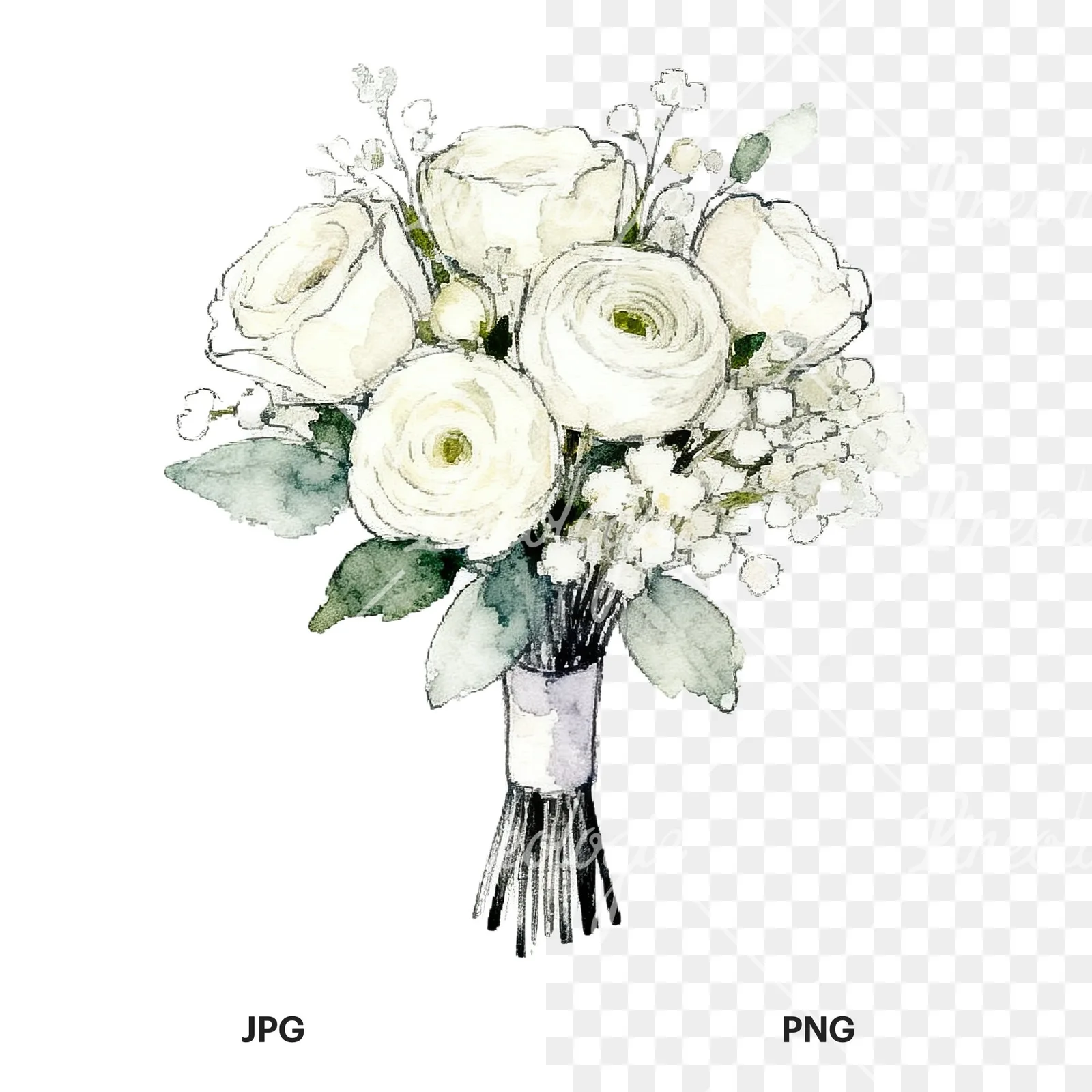 Watercolor white and pale pink rose wedding bouquet clipart 8 of 9, as a JPG on white and a transparent PNG