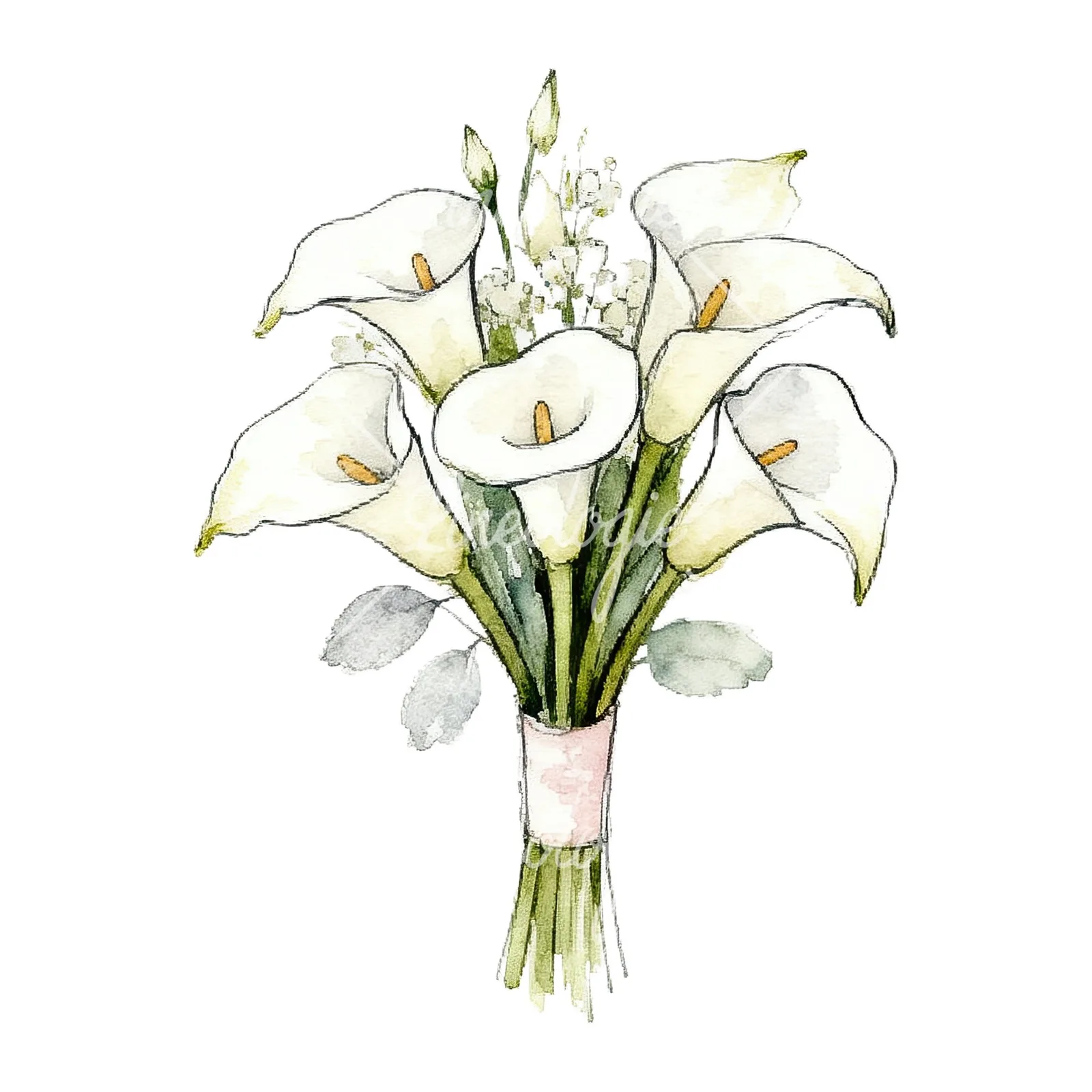 Watercolor white and pale pink rose wedding bouquet clipart 9 of 9 on a white background (JPG)