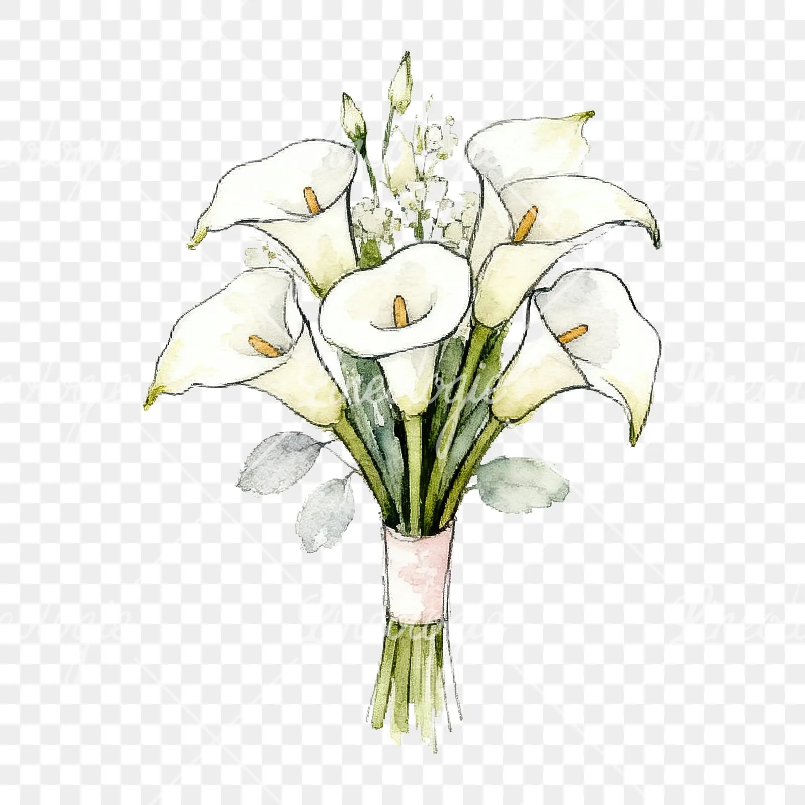 Watercolor white and pale pink rose wedding bouquet clipart 9 of 9 on a transparent background (PNG)