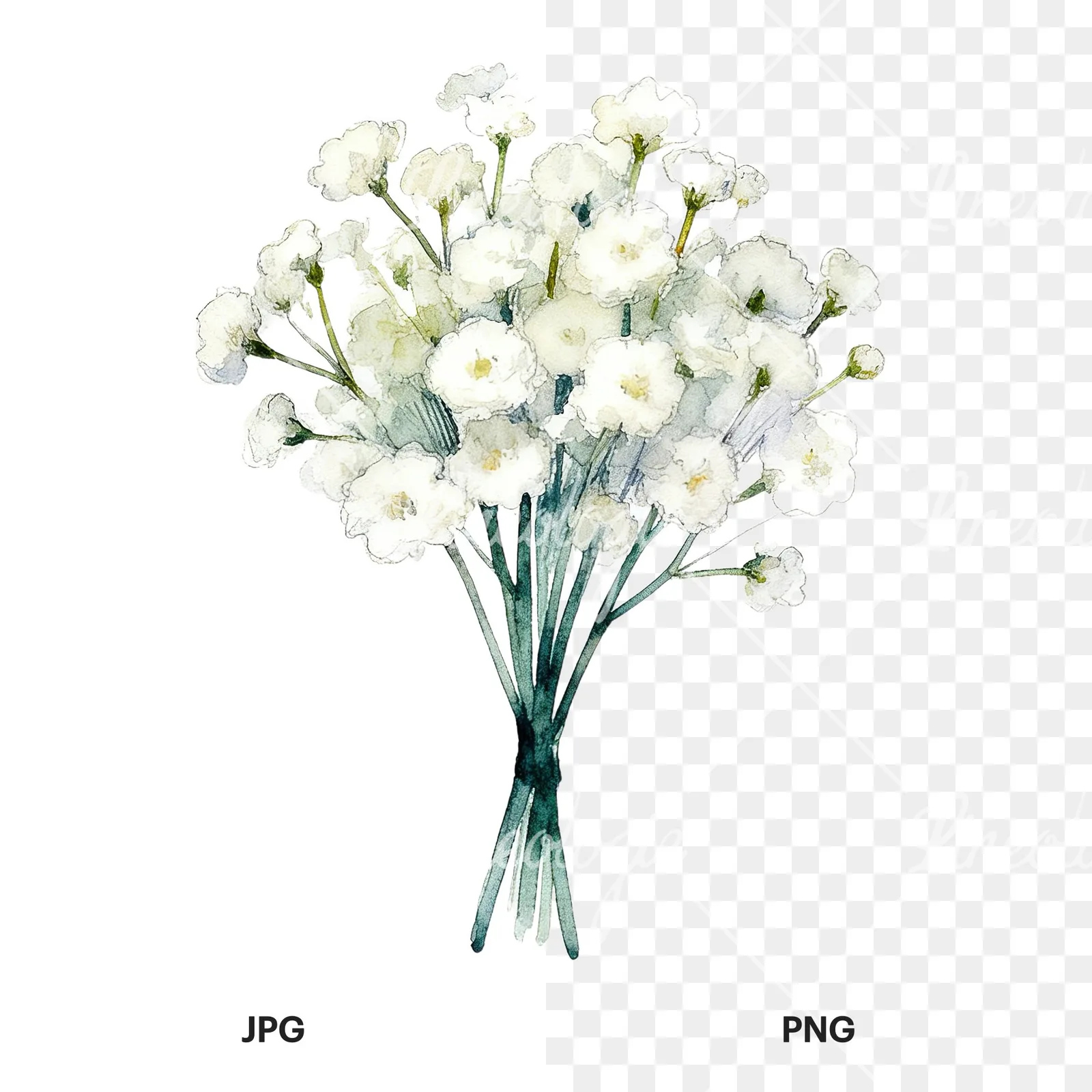 Watercolor white babys breath bouquet clipart 1 of 9, as a JPG on white and a transparent PNG