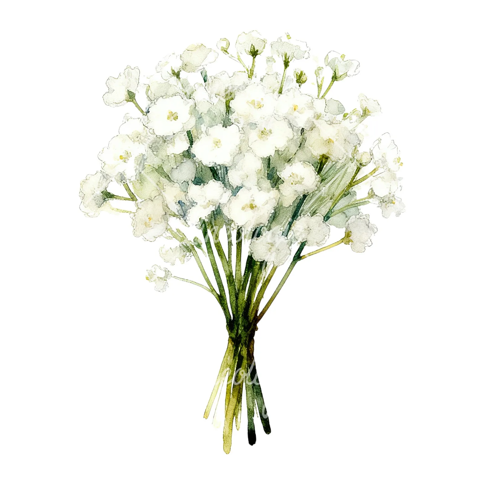 Watercolor white babys breath bouquet clipart 2 of 9 on a white background (JPG)