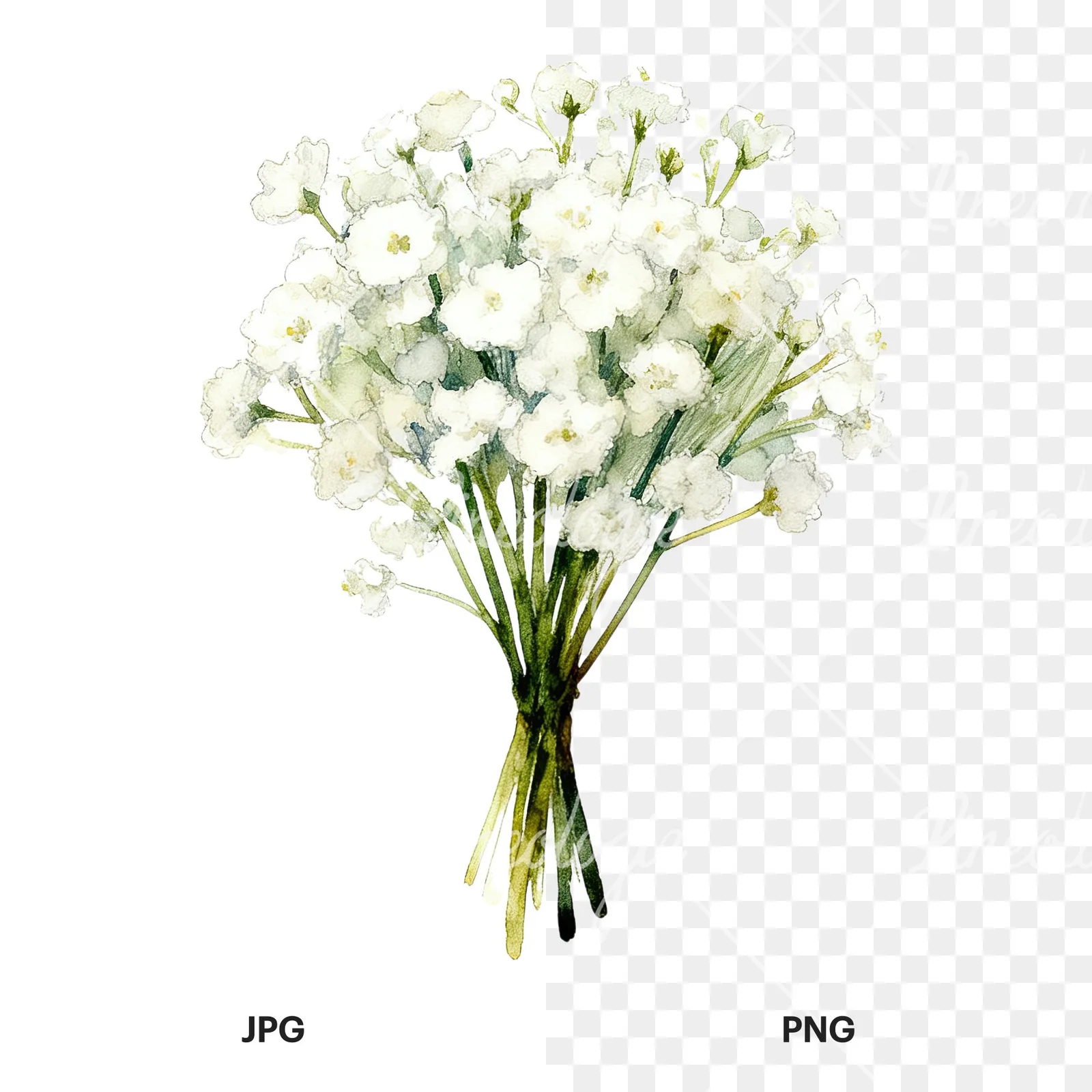 Watercolor white babys breath bouquet clipart 2 of 9, as a JPG on white and a transparent PNG