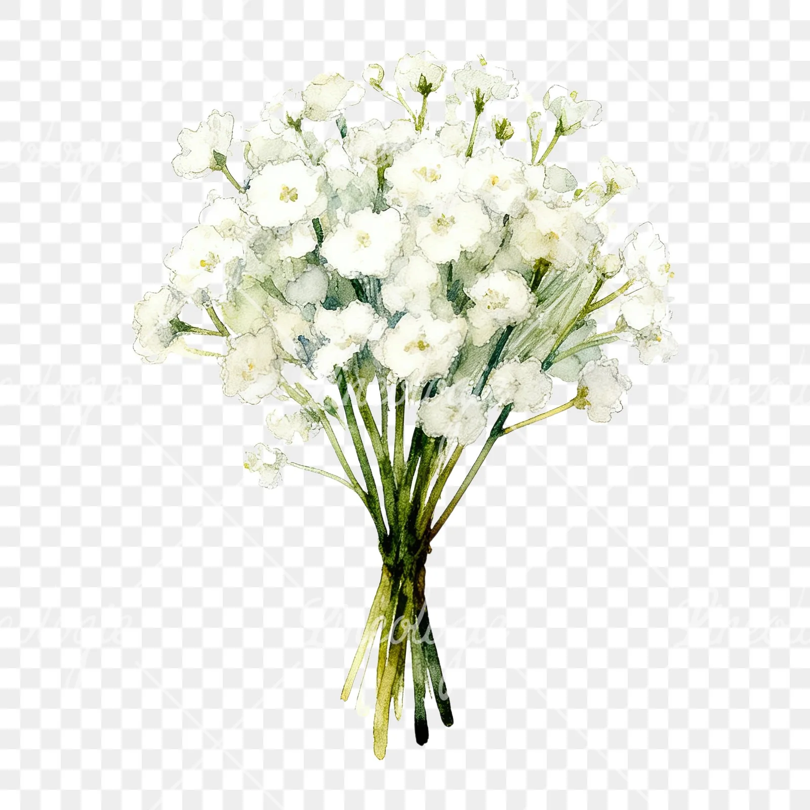 Watercolor white babys breath bouquet clipart 2 of 9 on a transparent background (PNG)