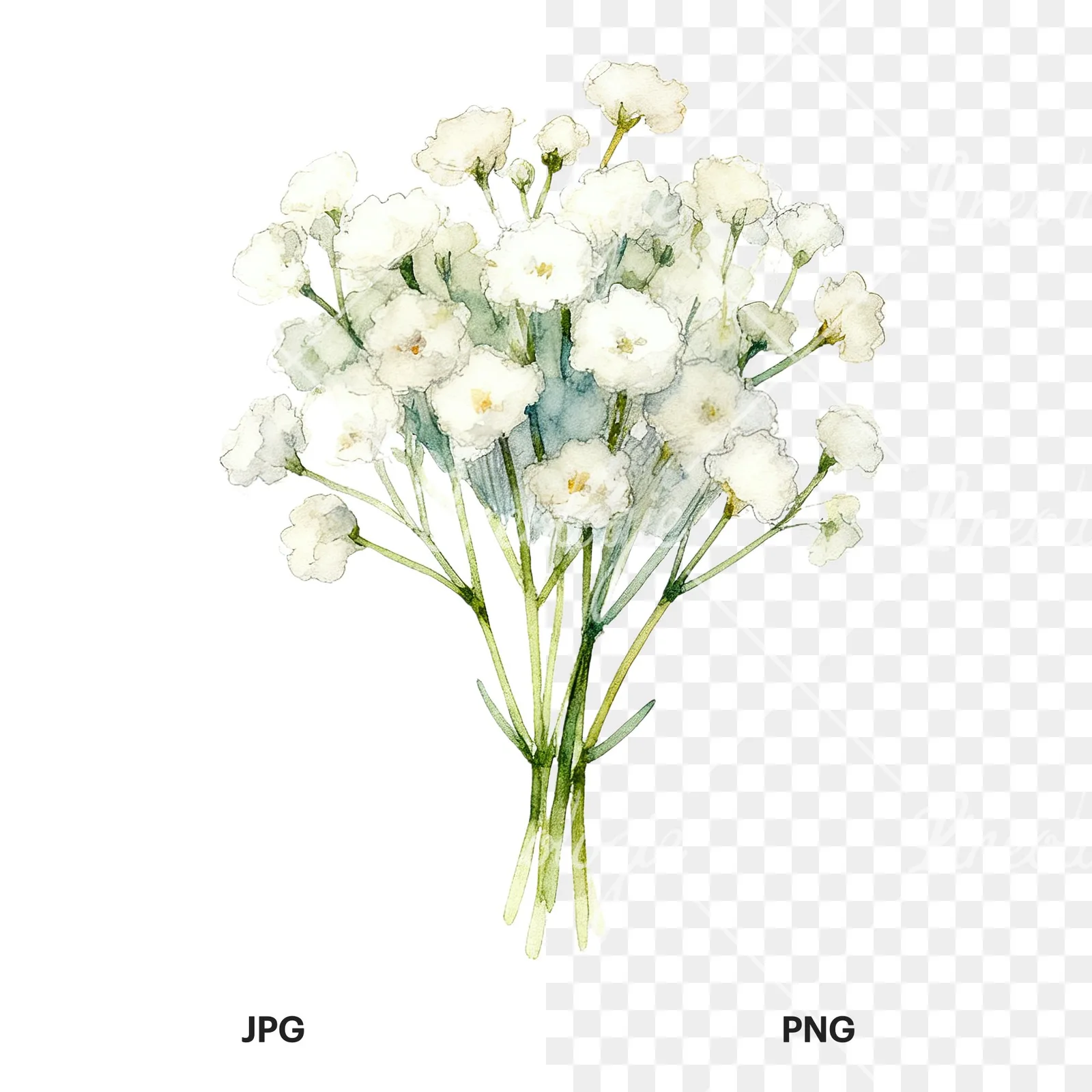 Watercolor white babys breath bouquet clipart 3 of 9, as a JPG on white and a transparent PNG