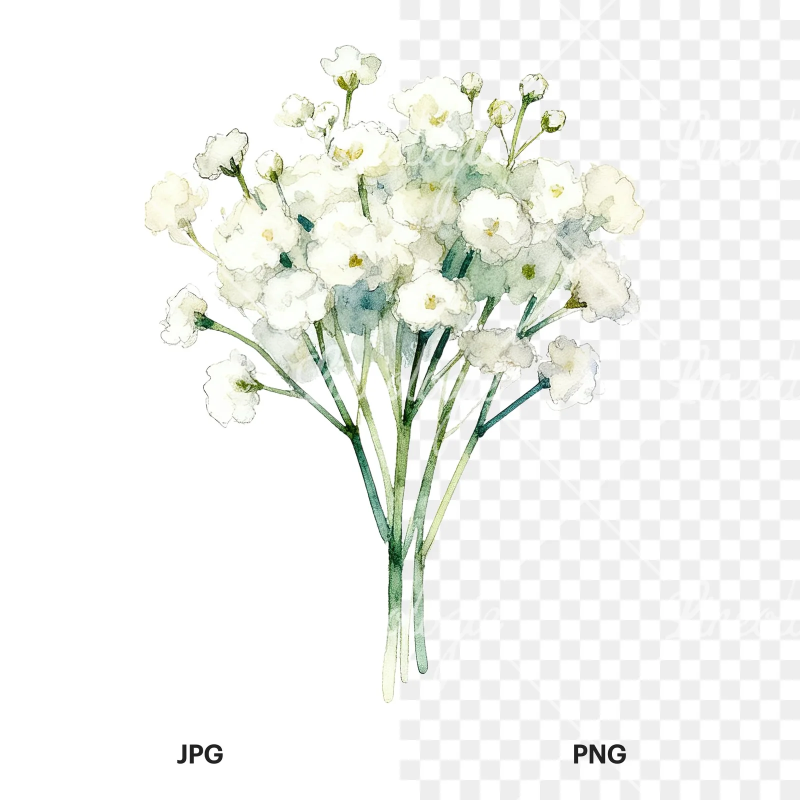 Watercolor white babys breath bouquet clipart 4 of 9, as a JPG on white and a transparent PNG