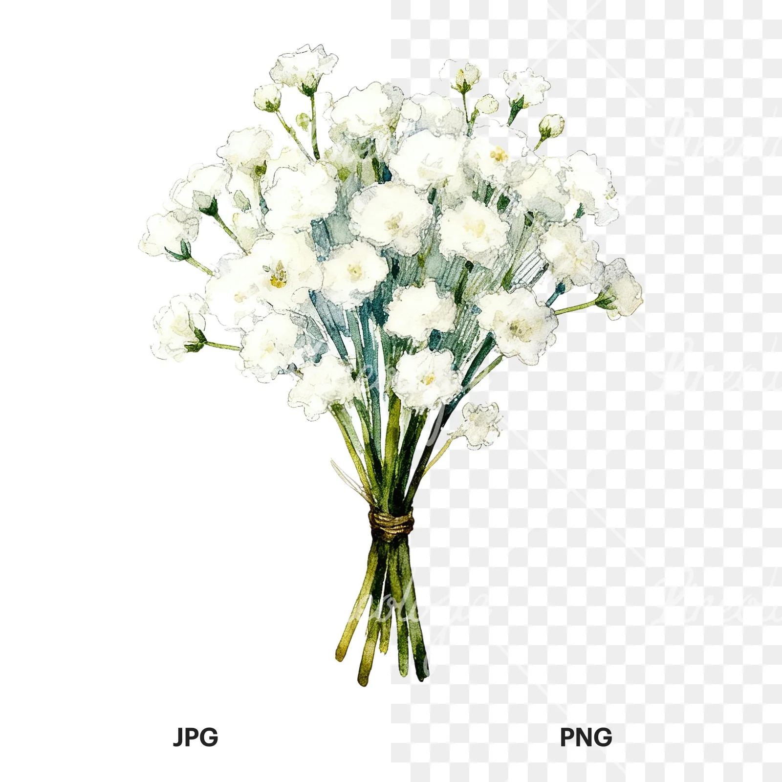 Watercolor white babys breath bouquet clipart 5 of 9, as a JPG on white and a transparent PNG