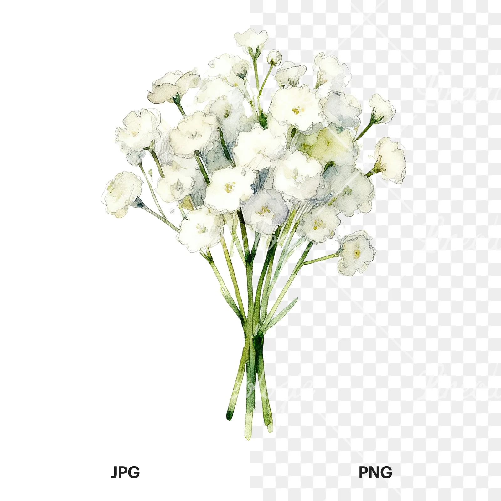 Watercolor white babys breath bouquet clipart 6 of 9, as a JPG on white and a transparent PNG