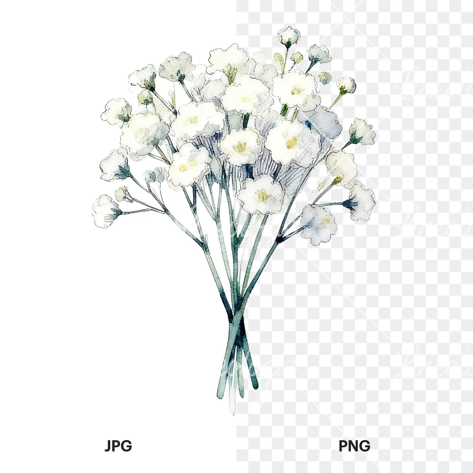 Watercolor white babys breath bouquet clipart 7 of 9, as a JPG on white and a transparent PNG