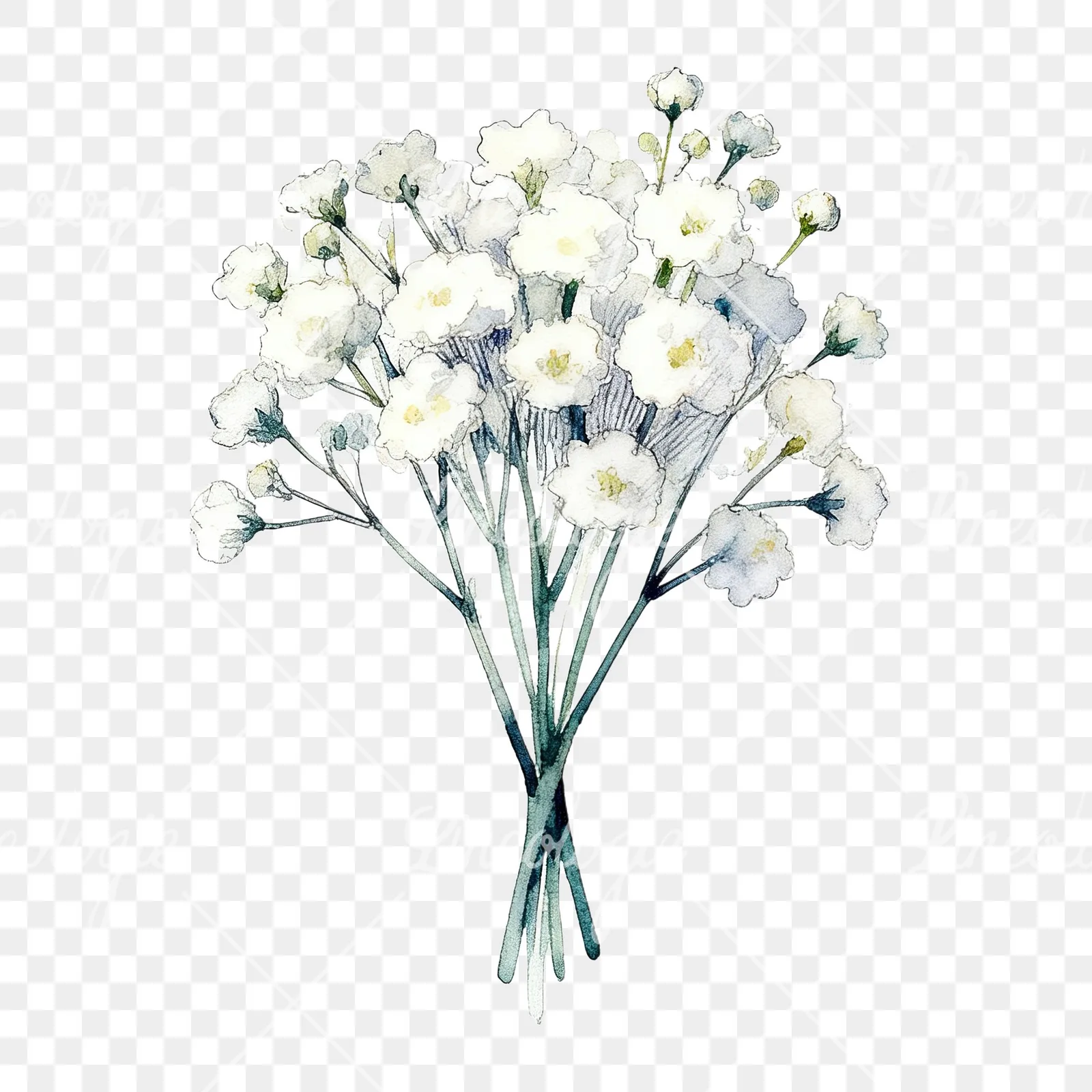Watercolor white babys breath bouquet clipart 7 of 9 on a transparent background (PNG)