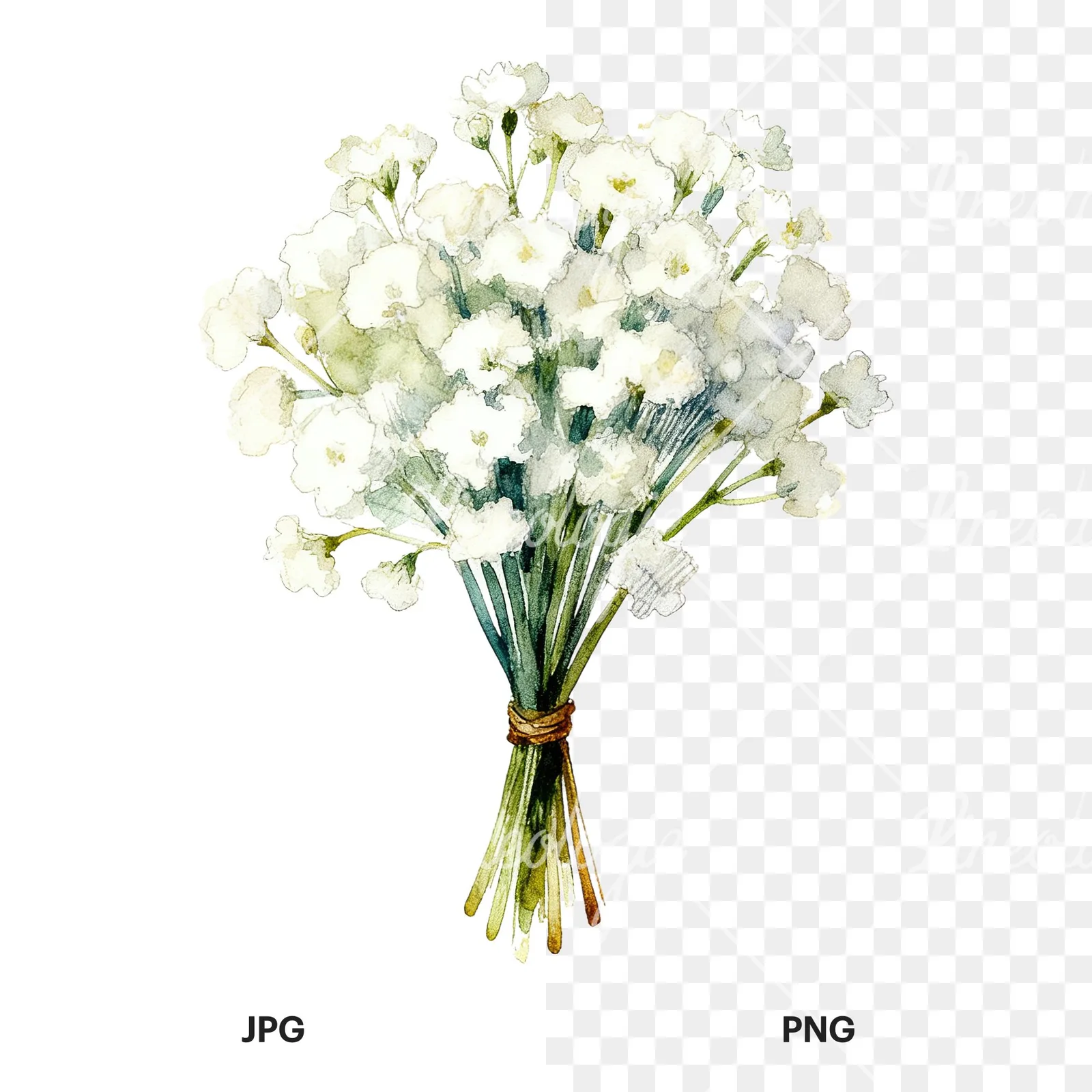 Watercolor white babys breath bouquet clipart 8 of 9, as a JPG on white and a transparent PNG
