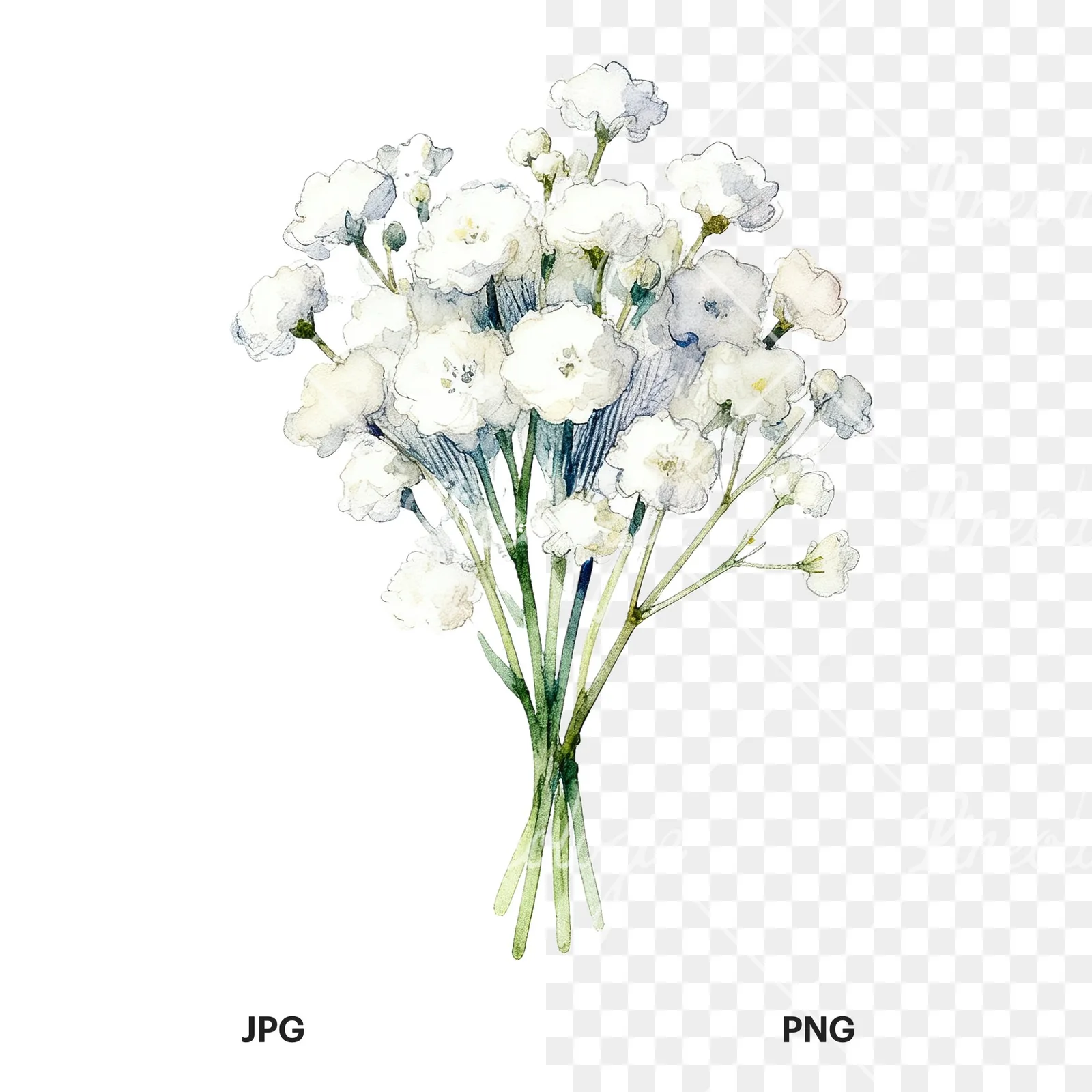 Watercolor white babys breath bouquet clipart 9 of 9, as a JPG on white and a transparent PNG
