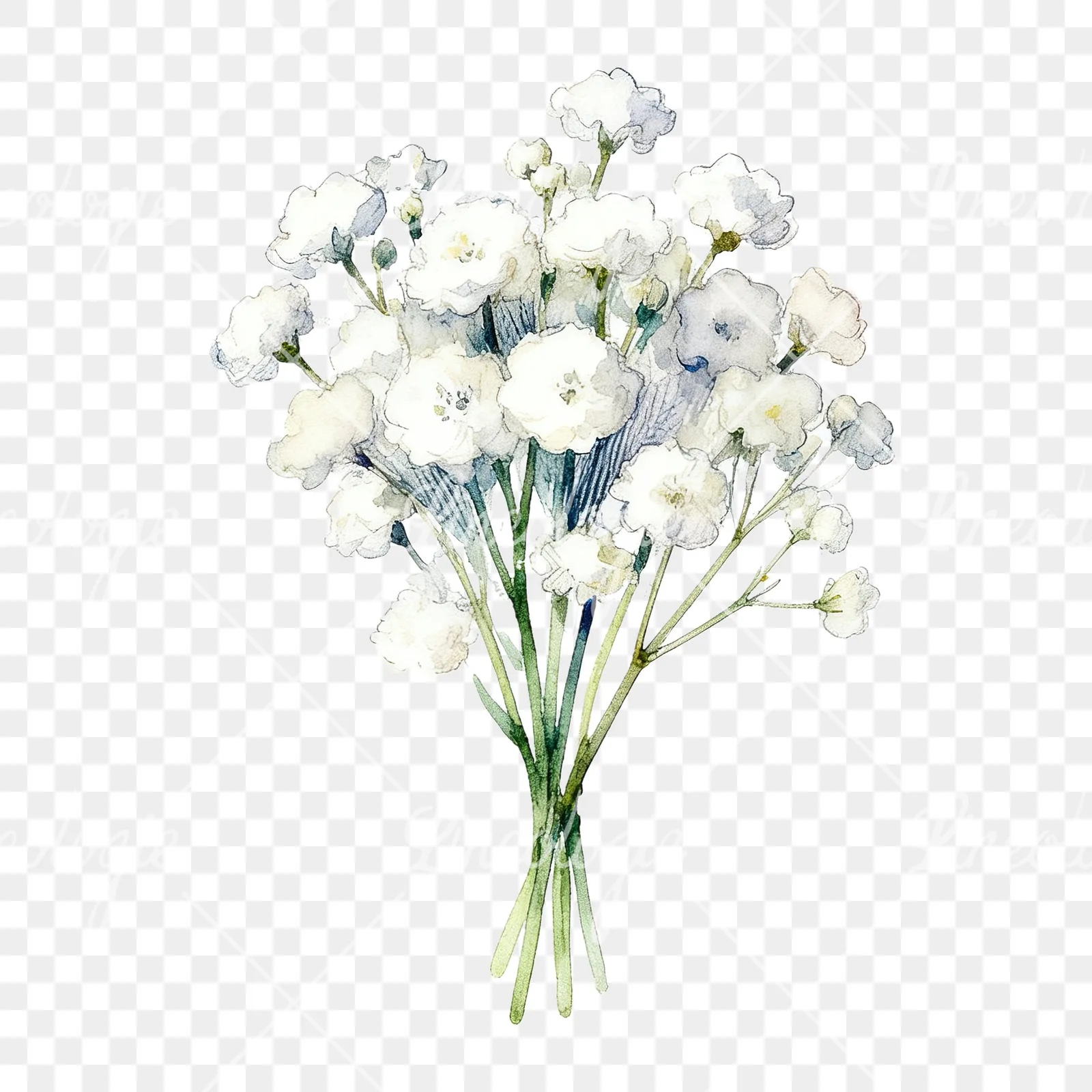 Watercolor white babys breath bouquet clipart 9 of 9 on a transparent background (PNG)