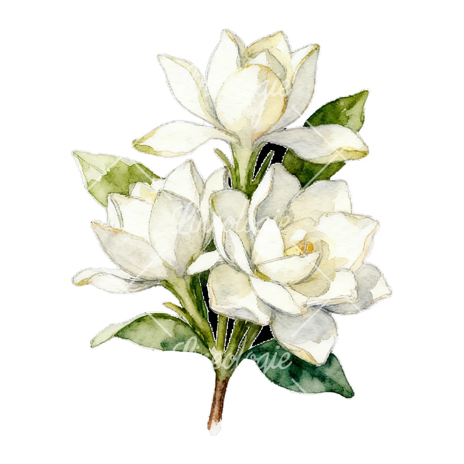 Watercolor white gardenia bouquet with single blooms clipart 1 of 9 on a white background (JPG)