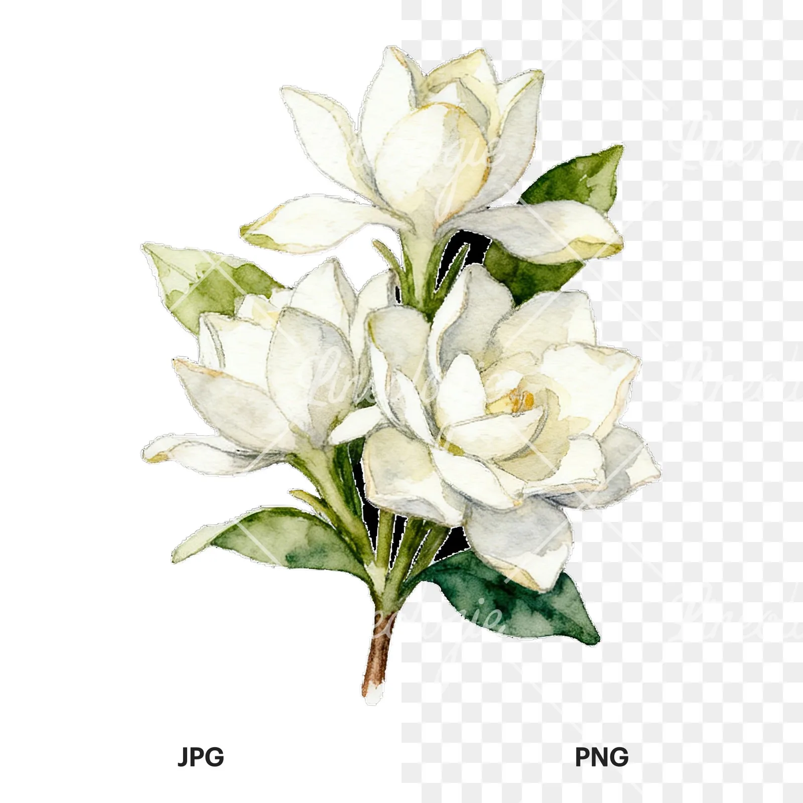 Watercolor white gardenia bouquet with single blooms clipart 1 of 9, as a JPG on white and a transparent PNG