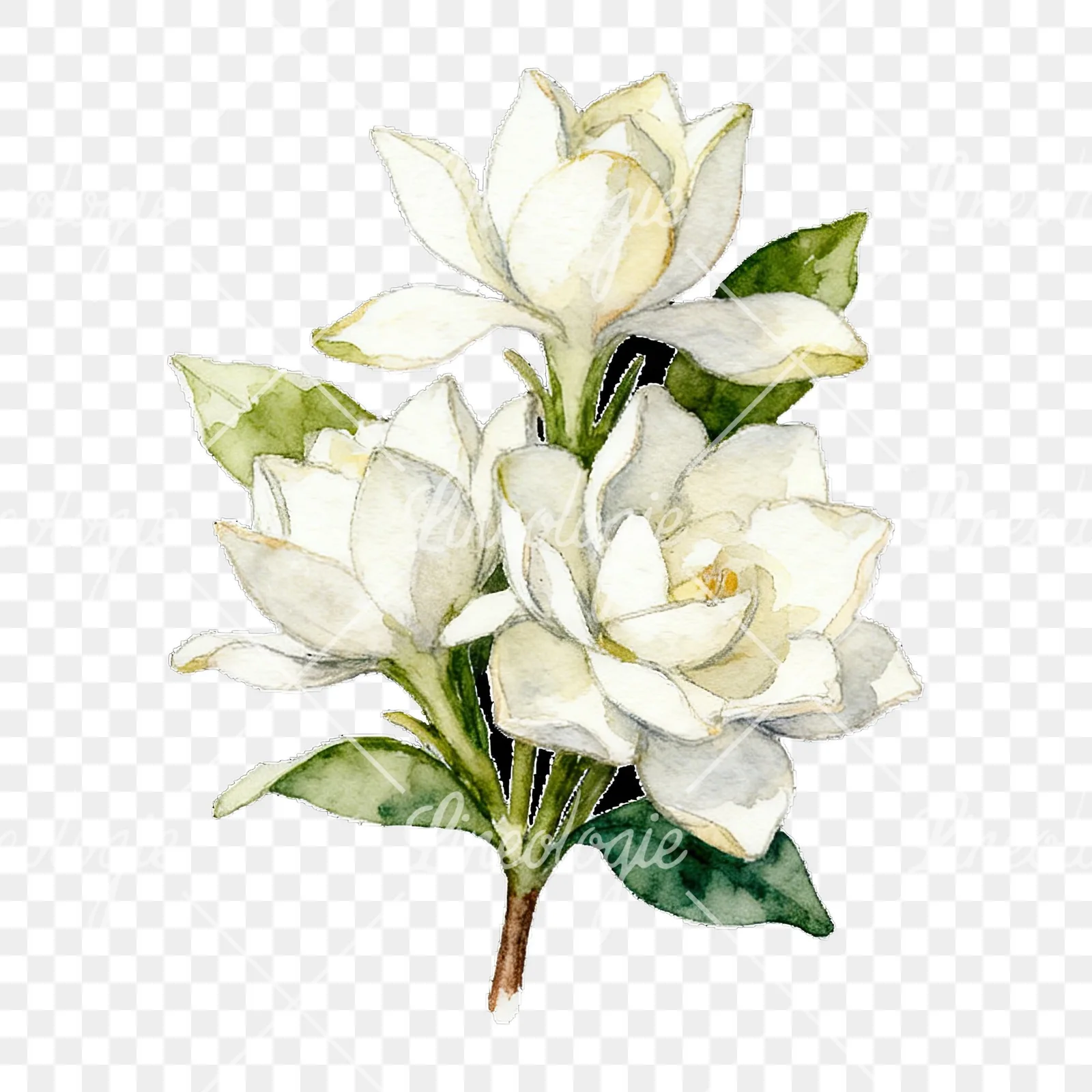 Watercolor white gardenia bouquet with single blooms clipart 1 of 9 on a transparent background (PNG)
