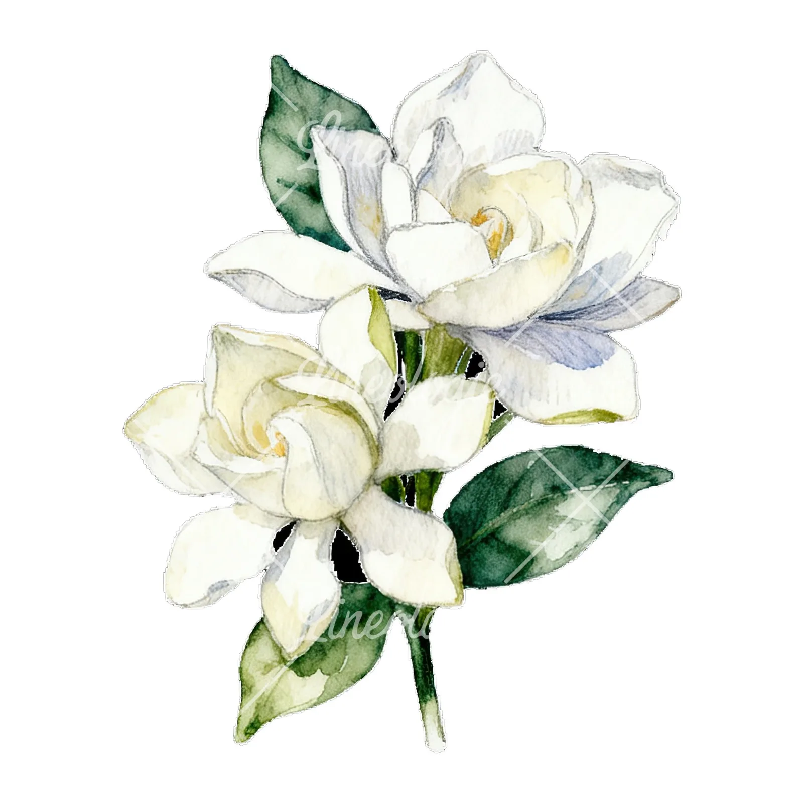 Watercolor white gardenia bouquet with single blooms clipart 2 of 9 on a white background (JPG)
