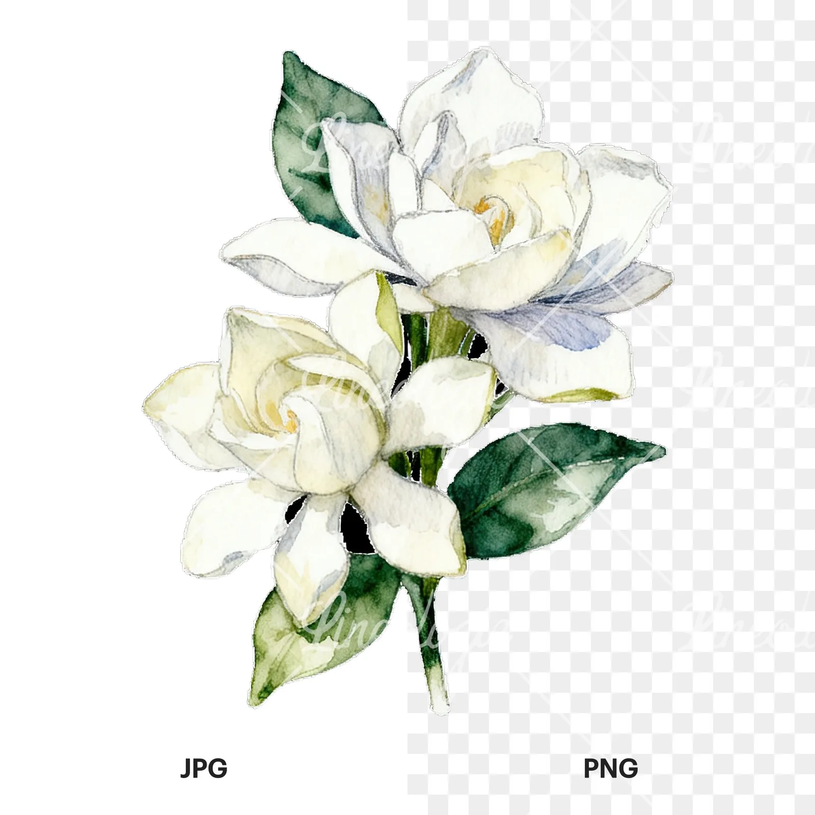 Watercolor white gardenia bouquet with single blooms clipart 2 of 9, as a JPG on white and a transparent PNG
