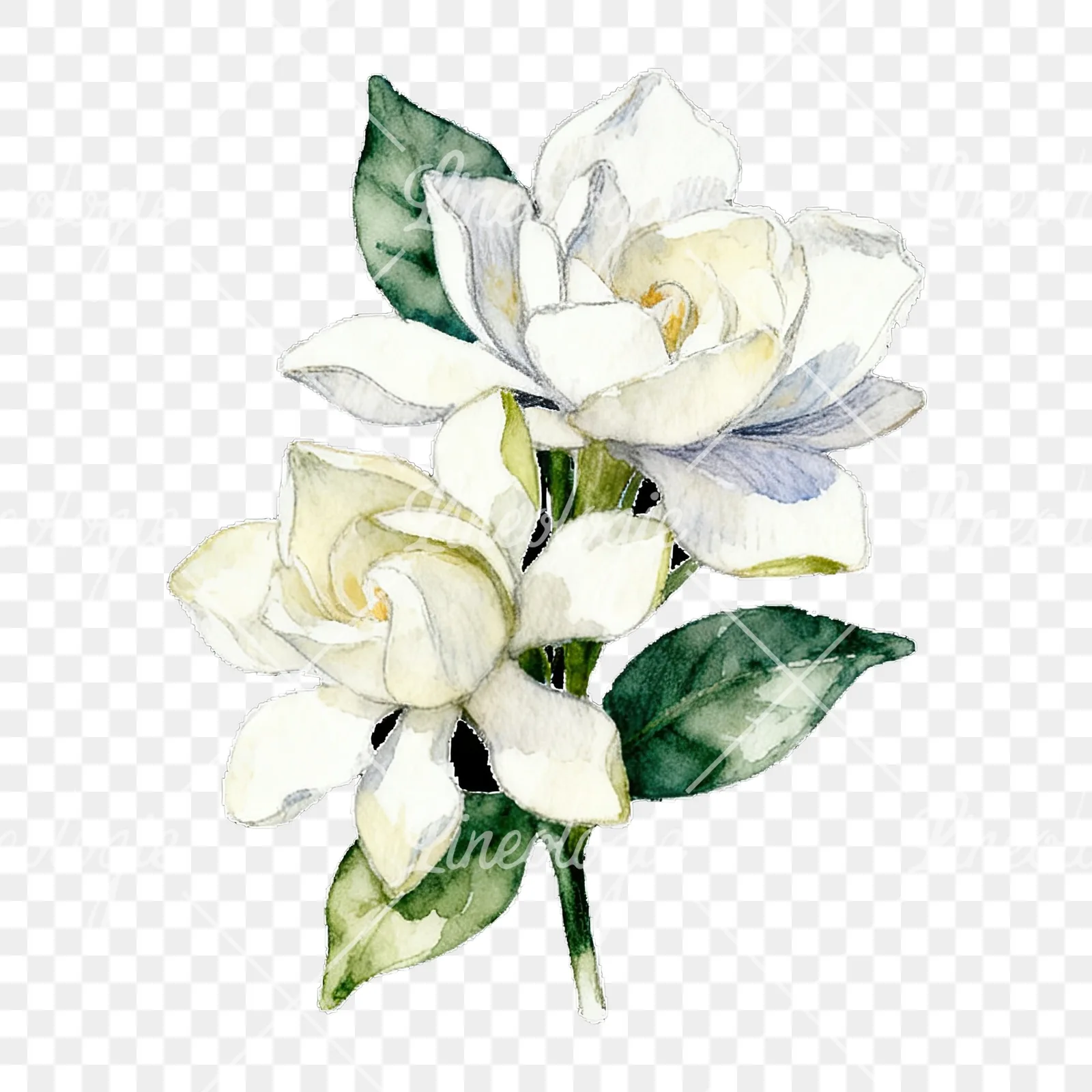Watercolor white gardenia bouquet with single blooms clipart 2 of 9 on a transparent background (PNG)