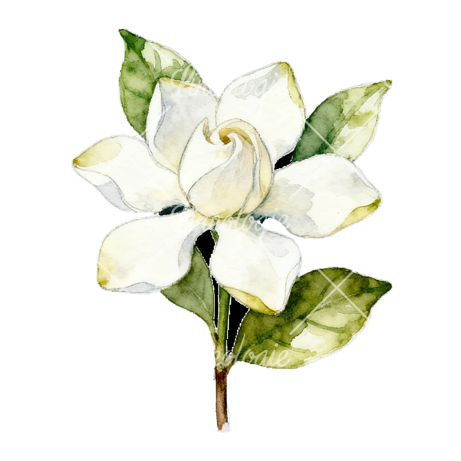 Watercolor white gardenia bouquet with single blooms clipart 3 of 9 on a white background (JPG)