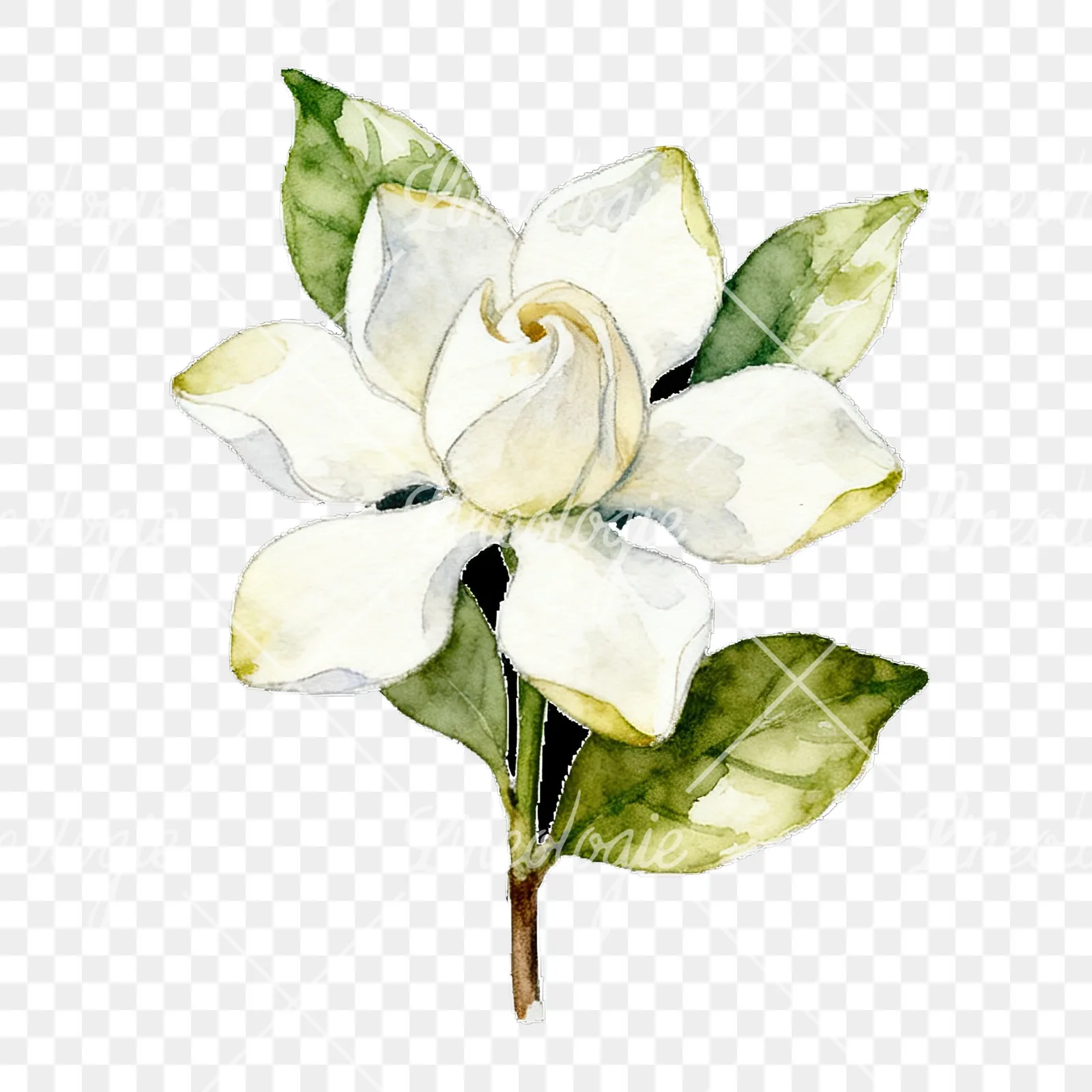 Watercolor white gardenia bouquet with single blooms clipart 3 of 9 on a transparent background (PNG)