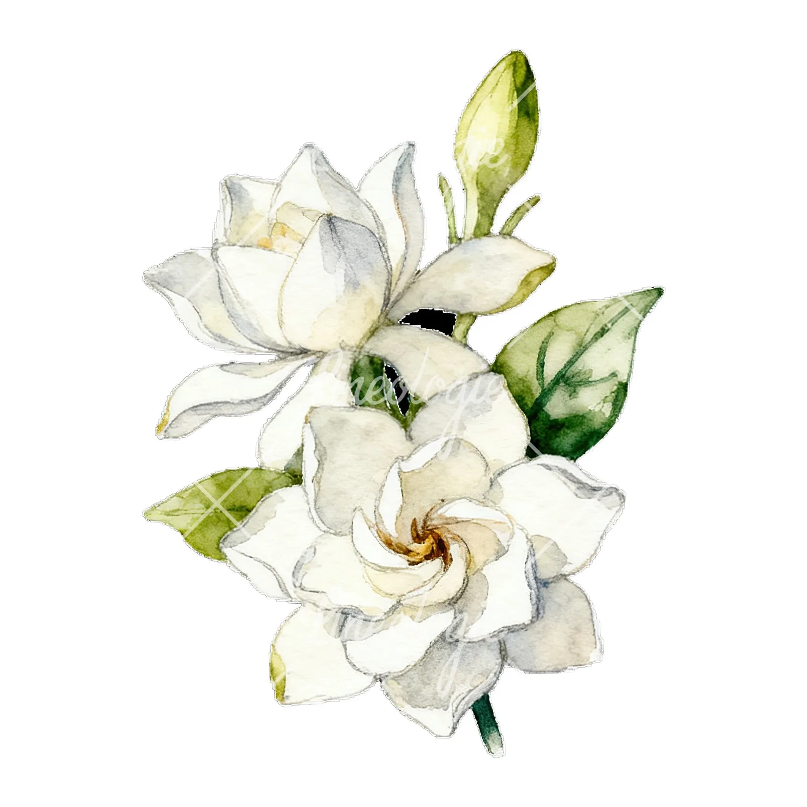 Watercolor white gardenia bouquet with single blooms clipart 4 of 9 on a white background (JPG)