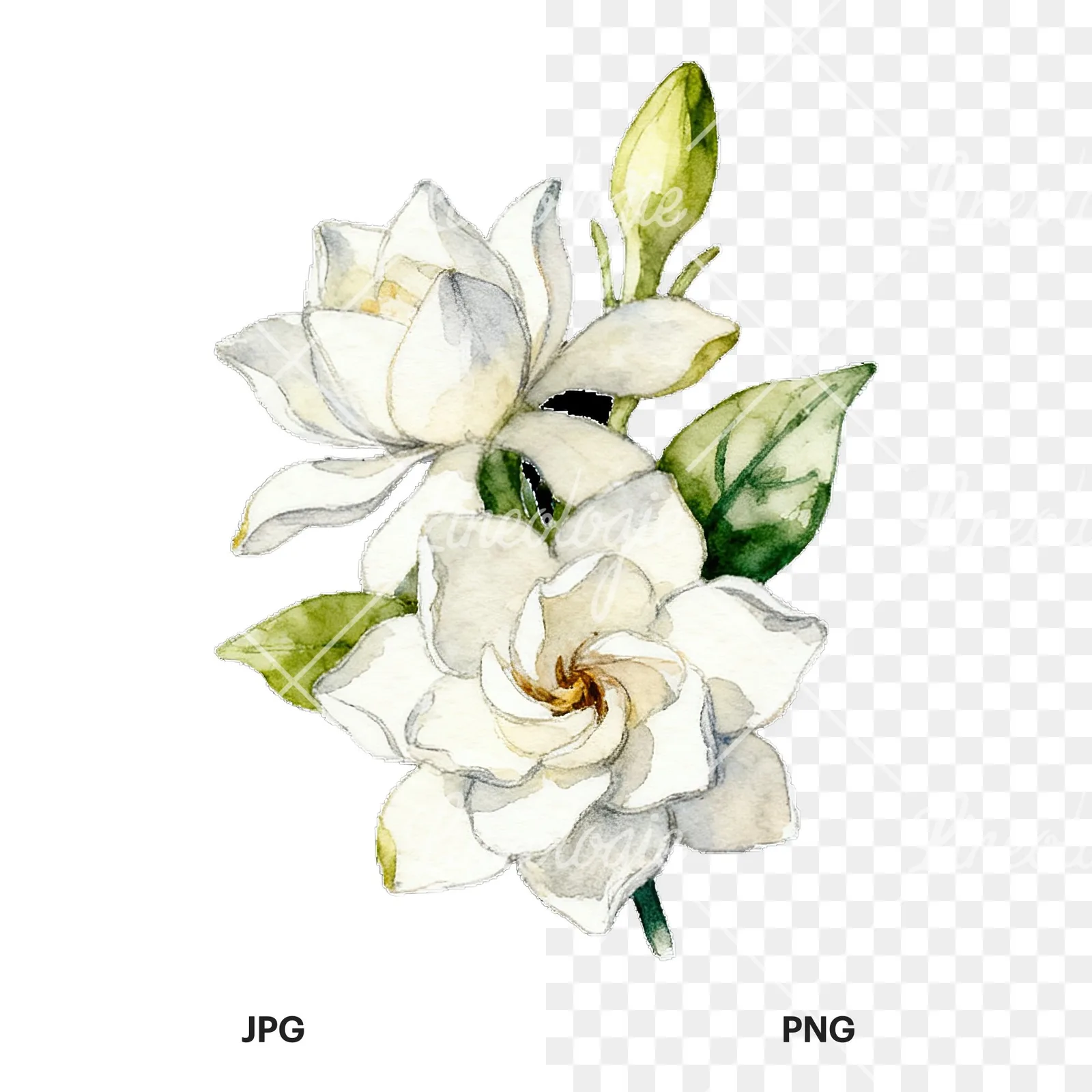 Watercolor white gardenia bouquet with single blooms clipart 4 of 9, as a JPG on white and a transparent PNG