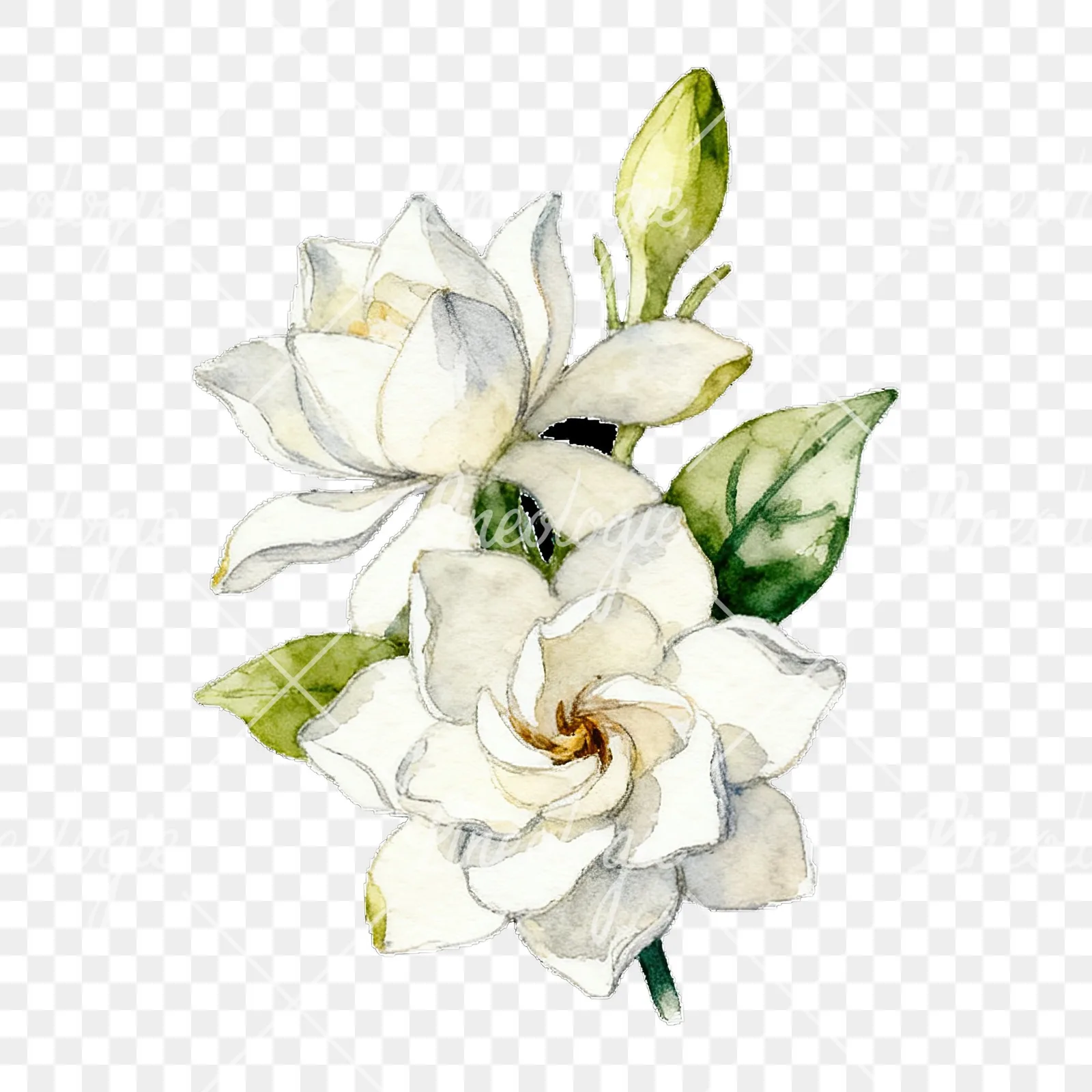 Watercolor white gardenia bouquet with single blooms clipart 4 of 9 on a transparent background (PNG)
