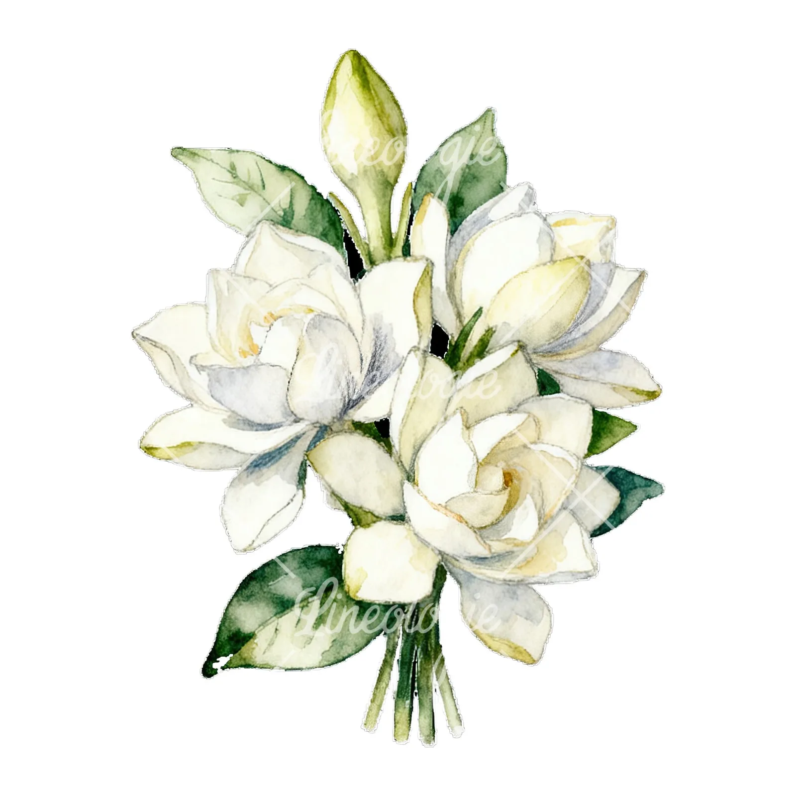 Watercolor white gardenia bouquet with single blooms clipart 5 of 9 on a white background (JPG)
