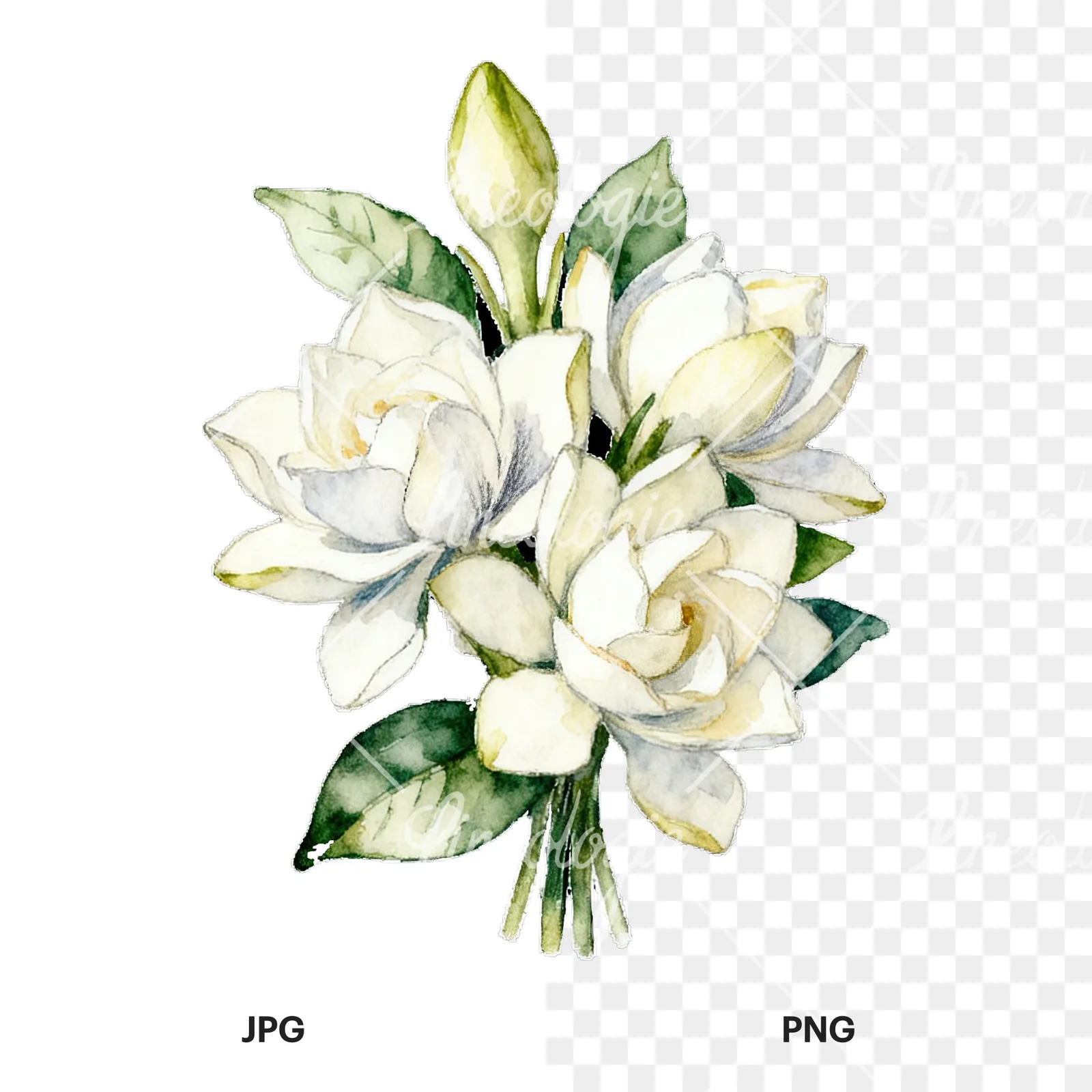 Watercolor white gardenia bouquet with single blooms clipart 5 of 9, as a JPG on white and a transparent PNG