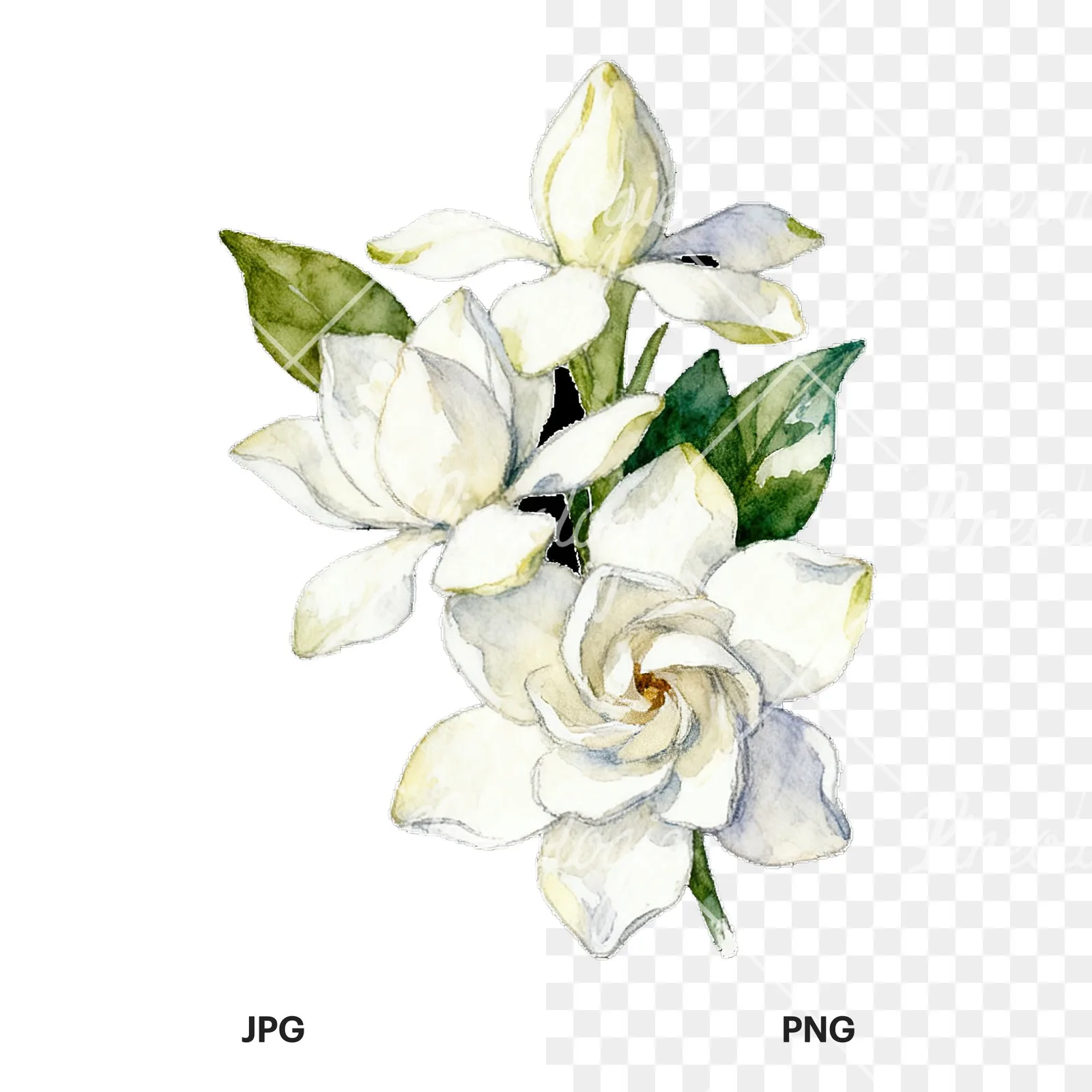 Watercolor white gardenia bouquet with single blooms clipart 6 of 9, as a JPG on white and a transparent PNG
