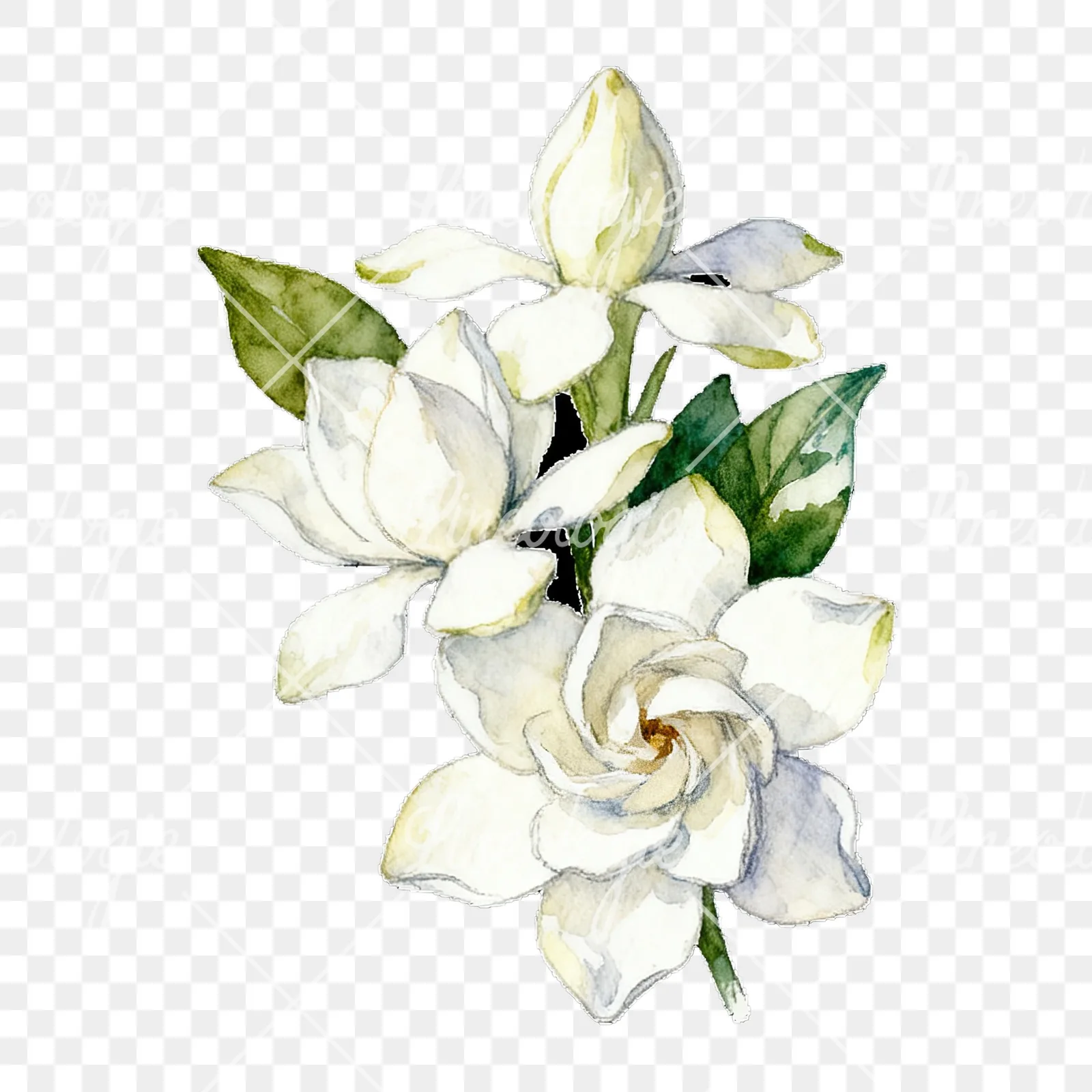 Watercolor white gardenia bouquet with single blooms clipart 6 of 9 on a transparent background (PNG)
