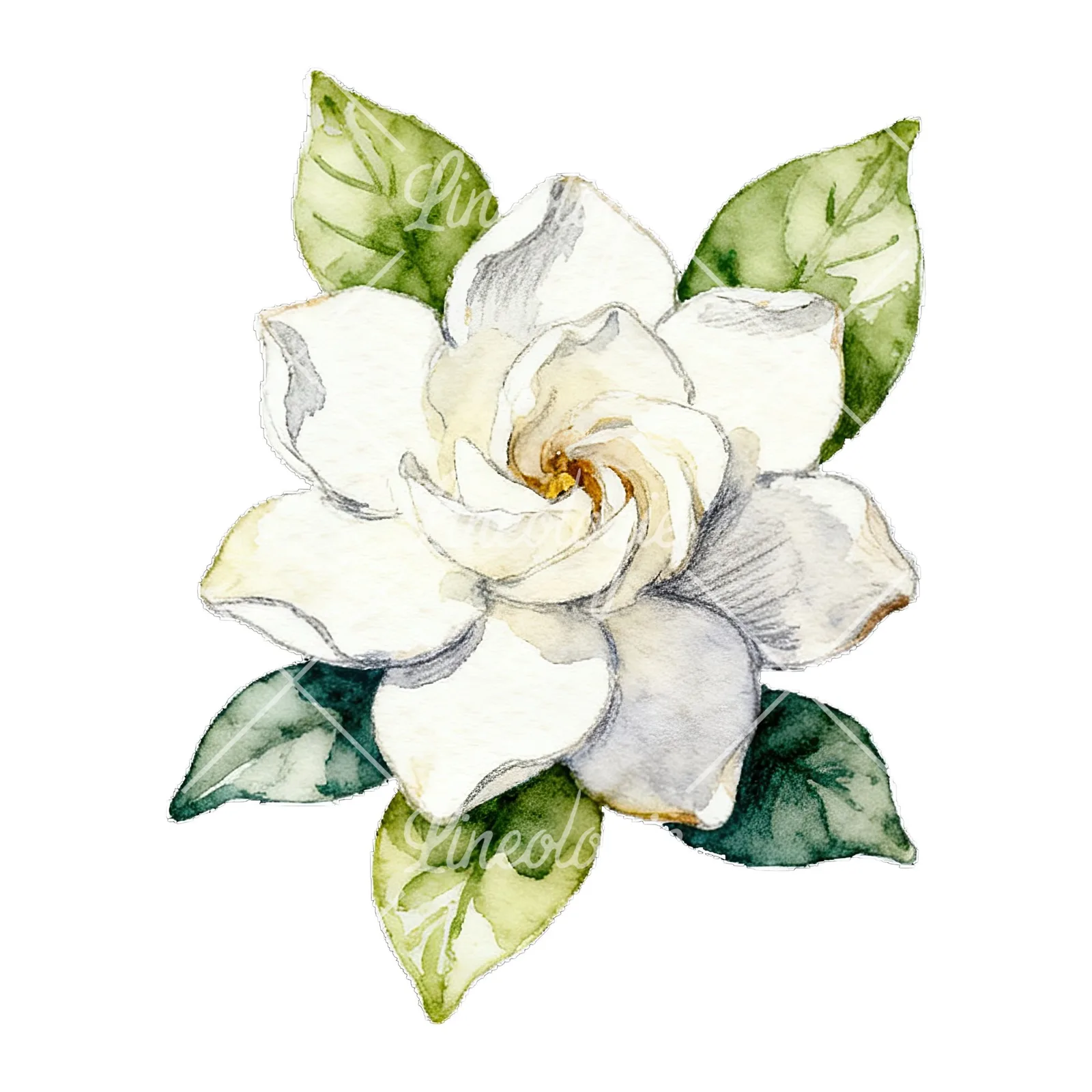 Watercolor white gardenia bouquet with single blooms clipart 7 of 9 on a white background (JPG)