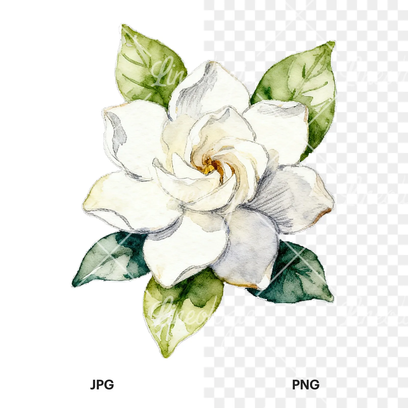 Watercolor white gardenia bouquet with single blooms clipart 7 of 9, as a JPG on white and a transparent PNG
