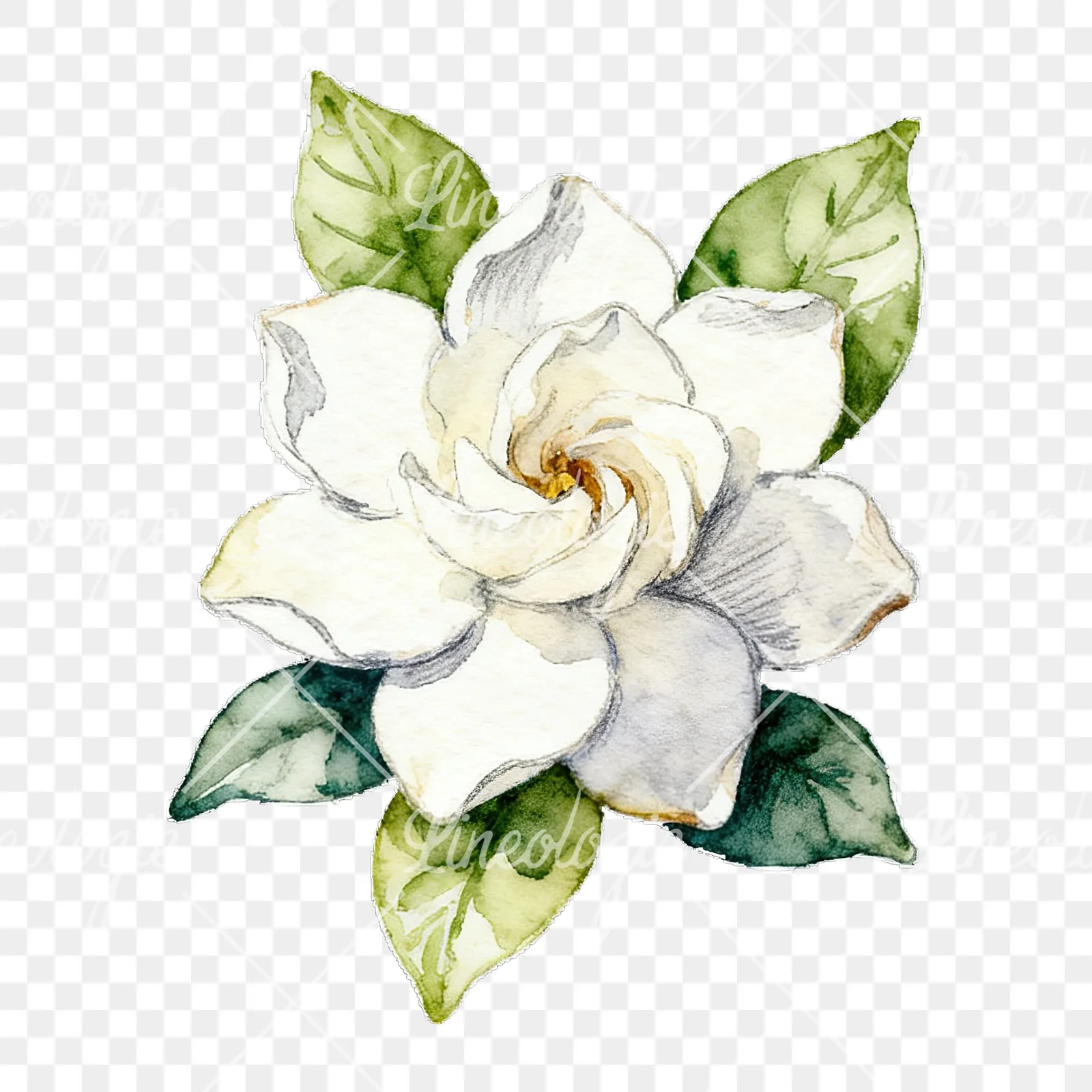 Watercolor white gardenia bouquet with single blooms clipart 7 of 9 on a transparent background (PNG)