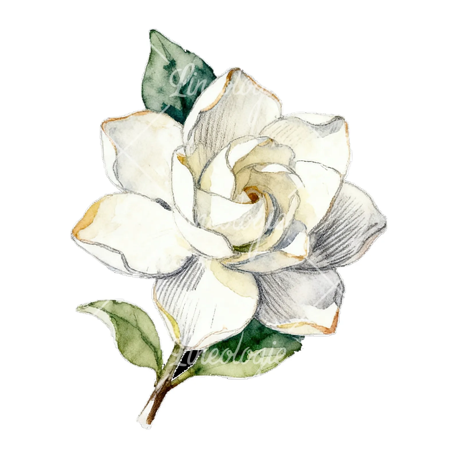Watercolor white gardenia bouquet with single blooms clipart 8 of 9 on a white background (JPG)