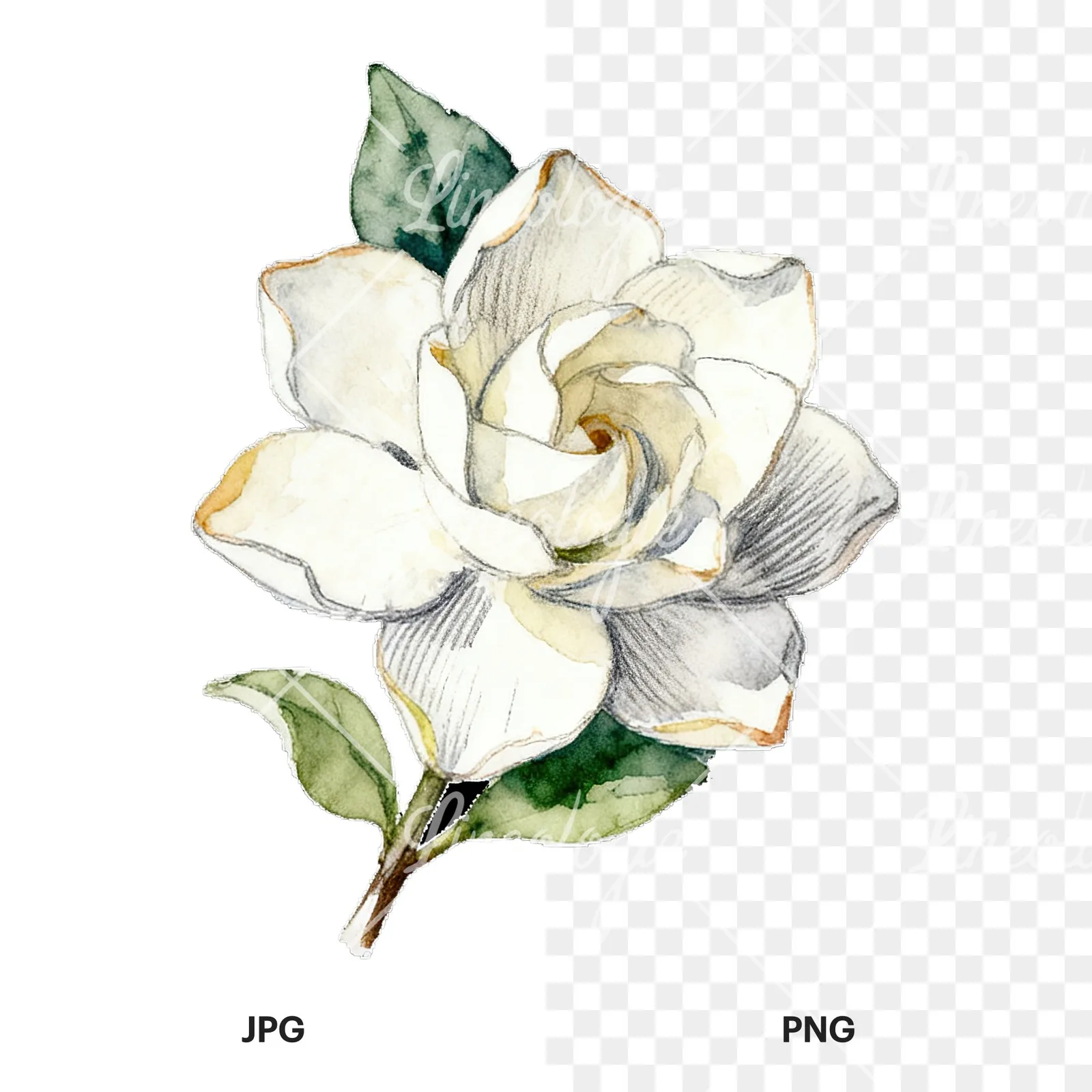 Watercolor white gardenia bouquet with single blooms clipart 8 of 9, as a JPG on white and a transparent PNG
