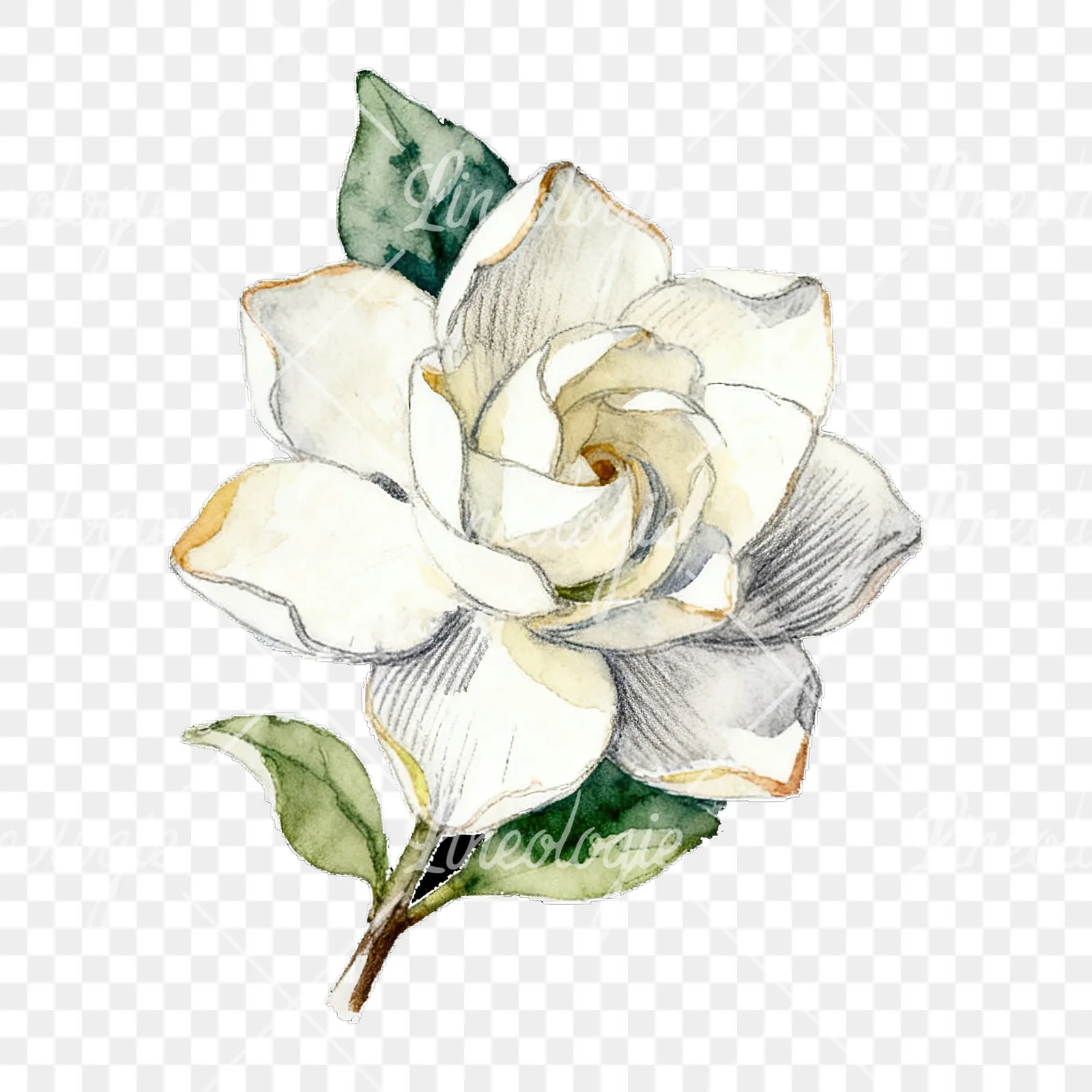 Watercolor white gardenia bouquet with single blooms clipart 8 of 9 on a transparent background (PNG)