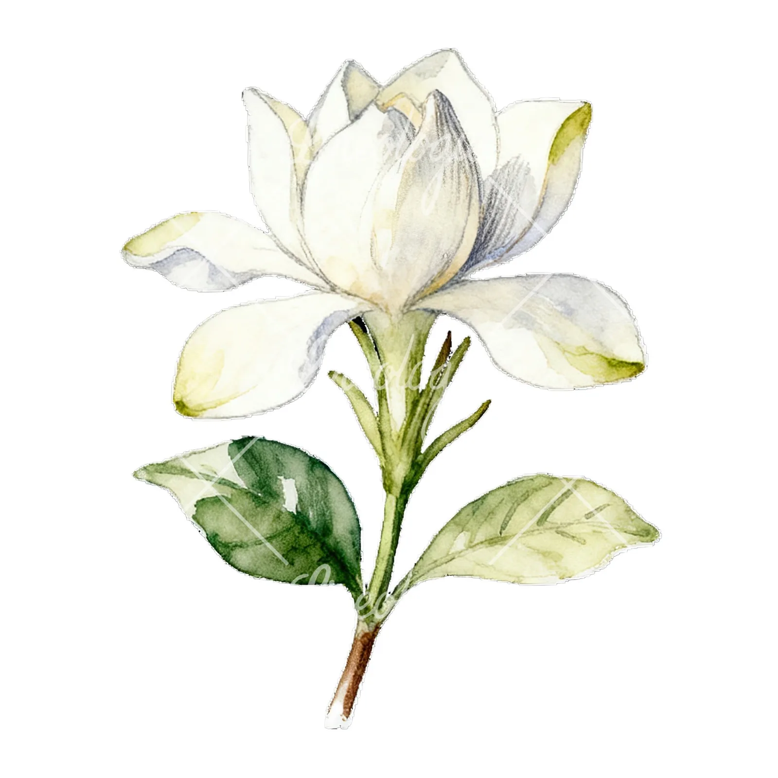 Watercolor white gardenia bouquet with single blooms clipart 9 of 9 on a white background (JPG)
