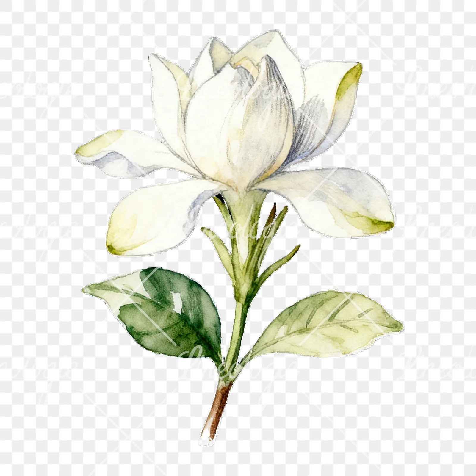 Watercolor white gardenia bouquet with single blooms clipart 9 of 9 on a transparent background (PNG)