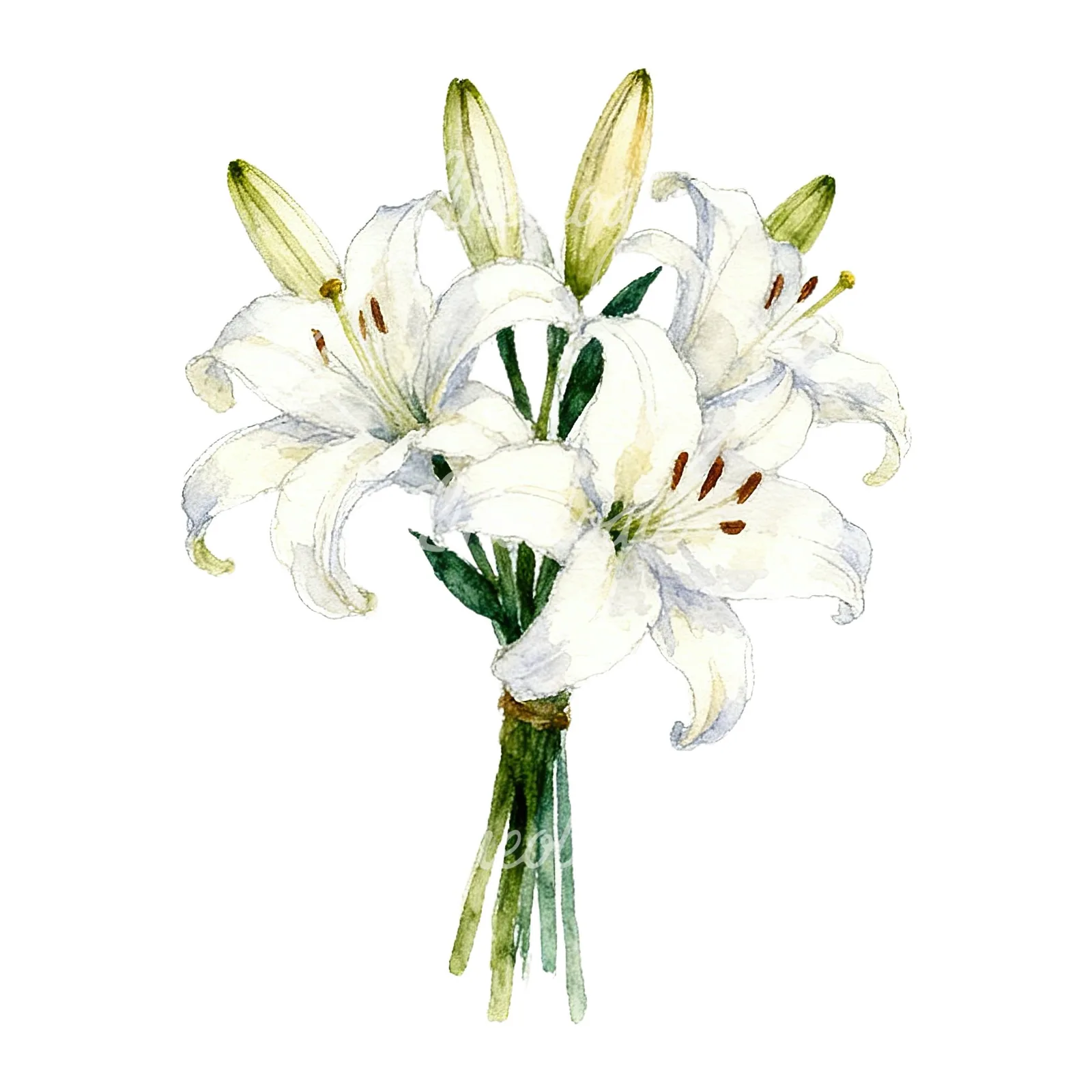 Watercolor white purple lily bouquet with agapanthus clipart 1 of 9 on a white background (JPG)