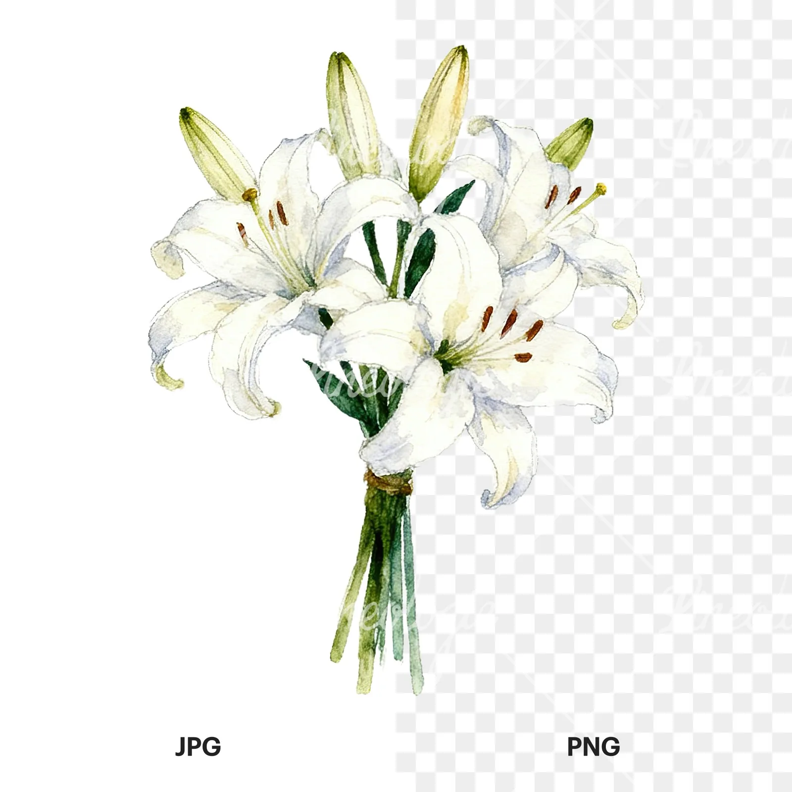 Watercolor white purple lily bouquet with agapanthus clipart 1 of 9, as a JPG on white and a transparent PNG