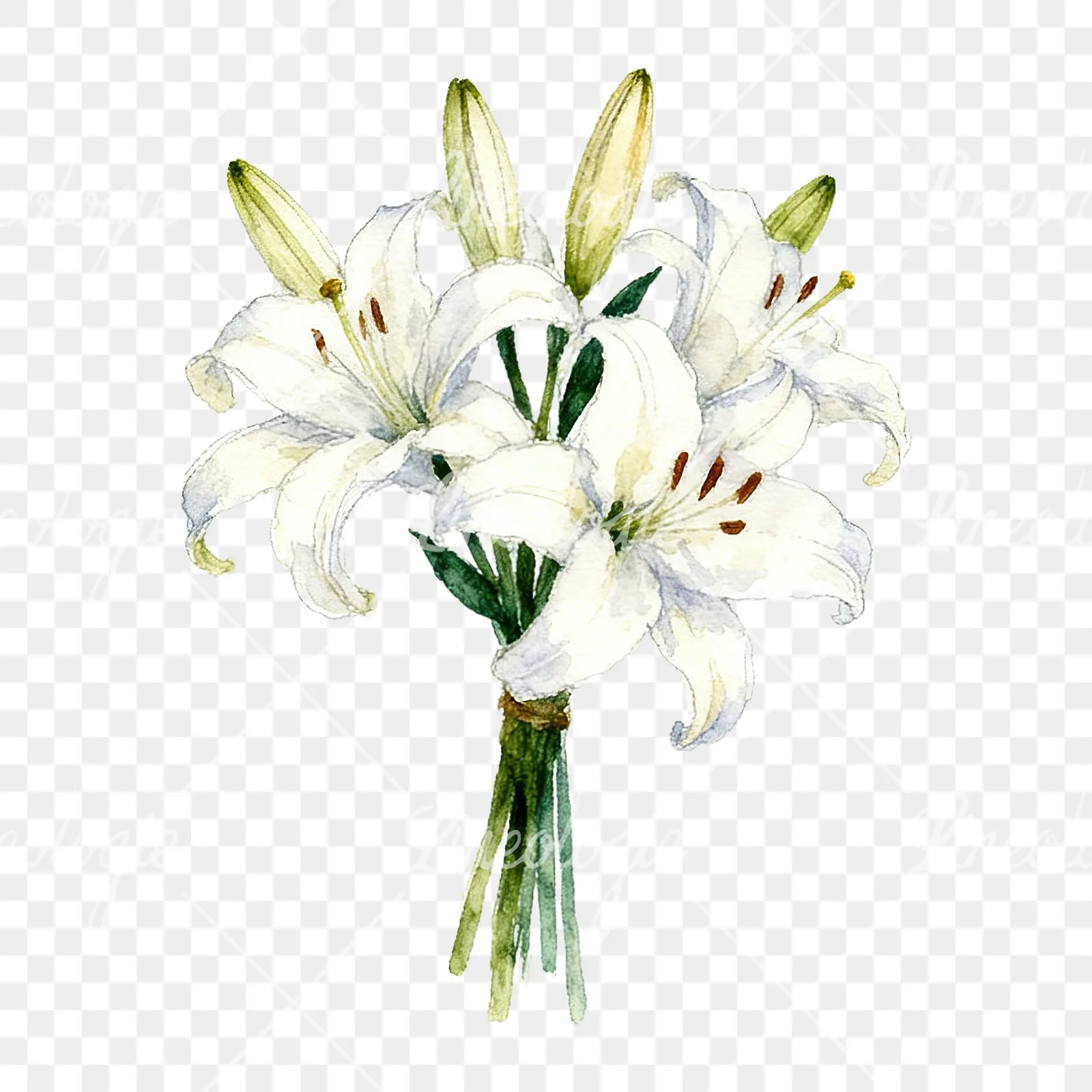Watercolor white purple lily bouquet with agapanthus clipart 1 of 9 on a transparent background (PNG)