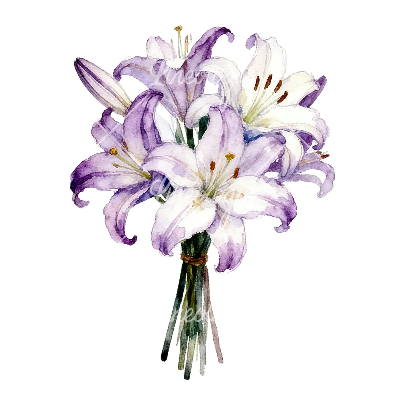 Watercolor white purple lily bouquet with agapanthus clipart 2 of 9 on a white background (JPG)