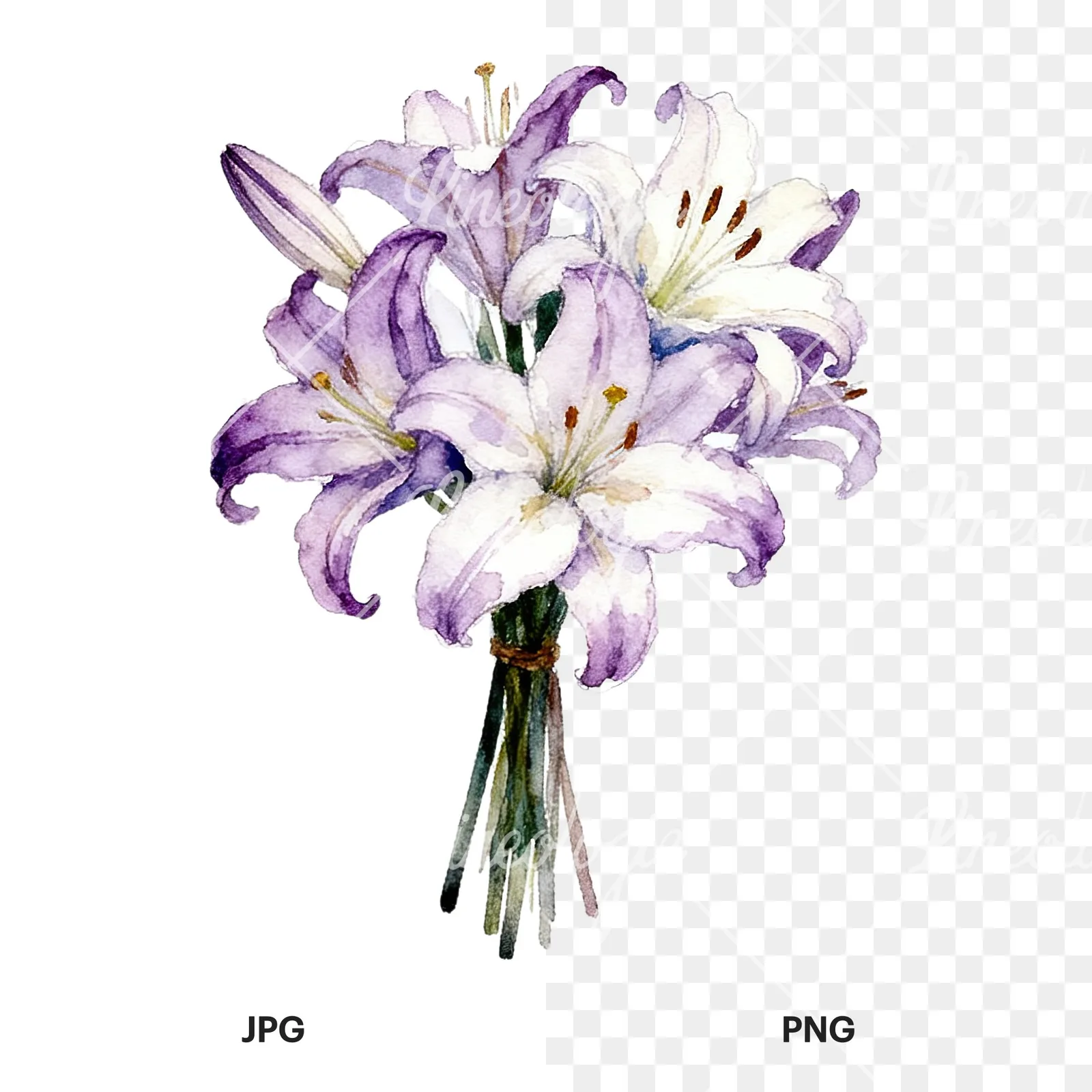 Watercolor white purple lily bouquet with agapanthus clipart 2 of 9, as a JPG on white and a transparent PNG