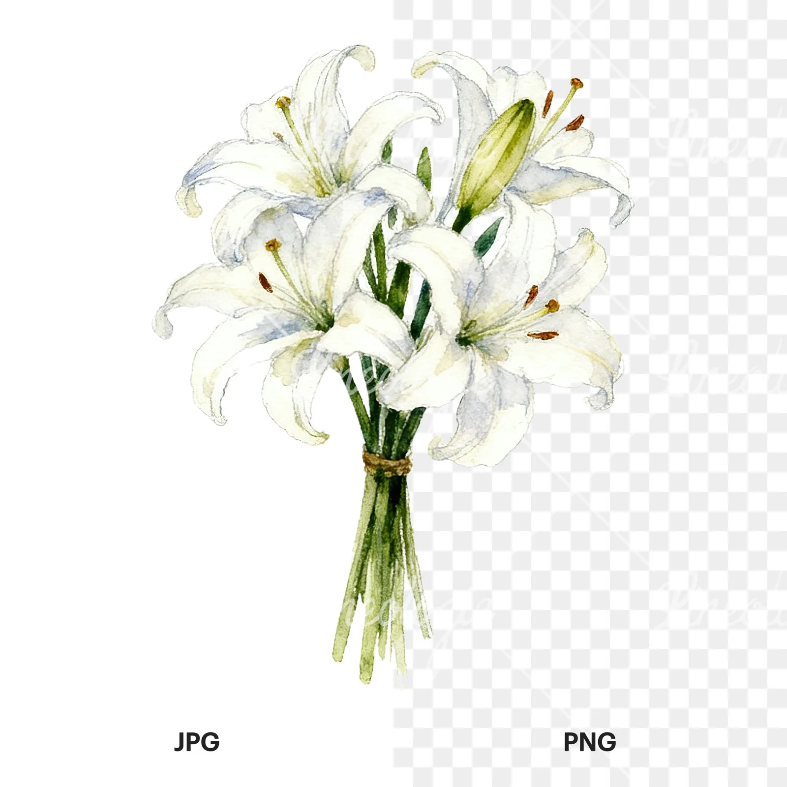 Watercolor white purple lily bouquet with agapanthus clipart 3 of 9, as a JPG on white and a transparent PNG