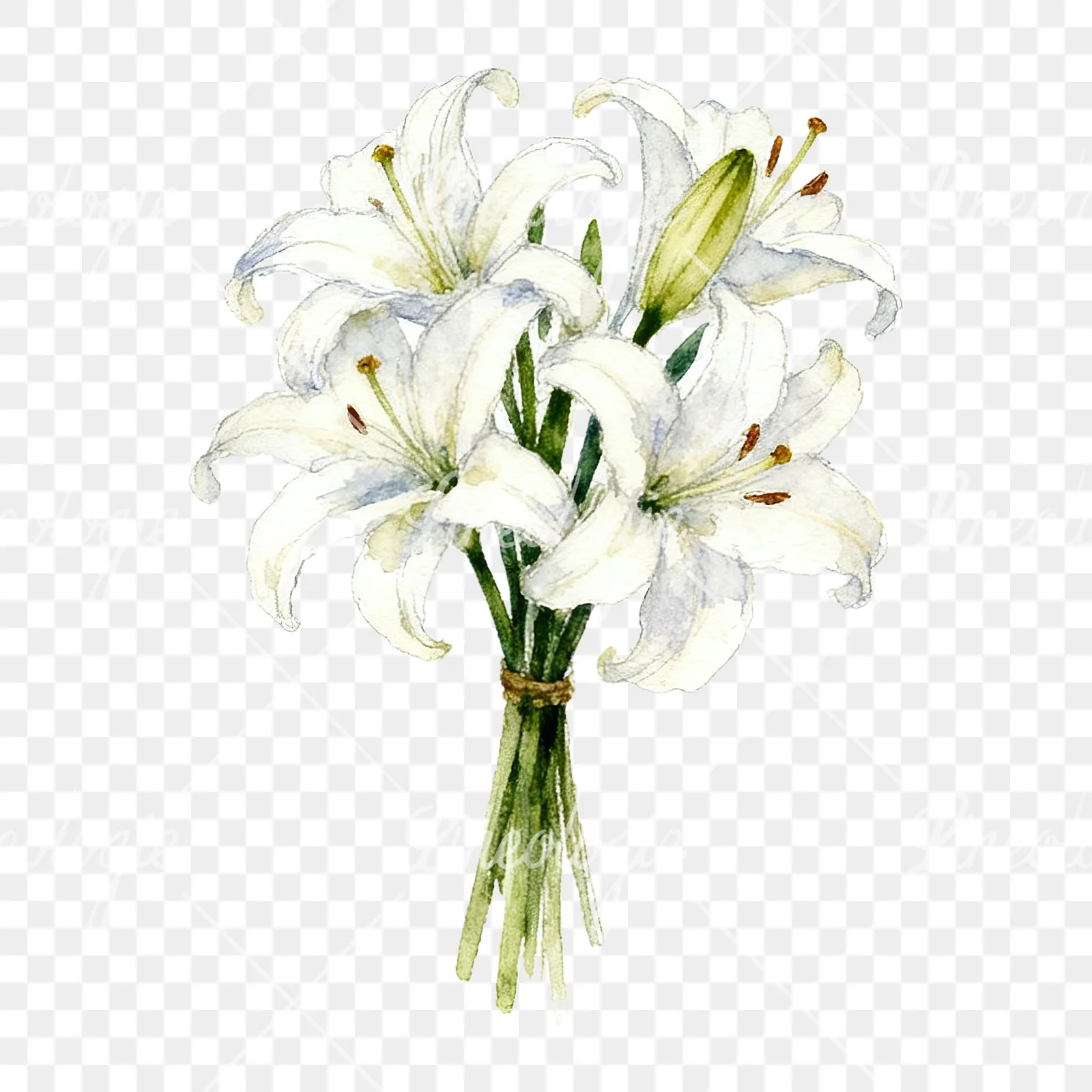 Watercolor white purple lily bouquet with agapanthus clipart 3 of 9 on a transparent background (PNG)