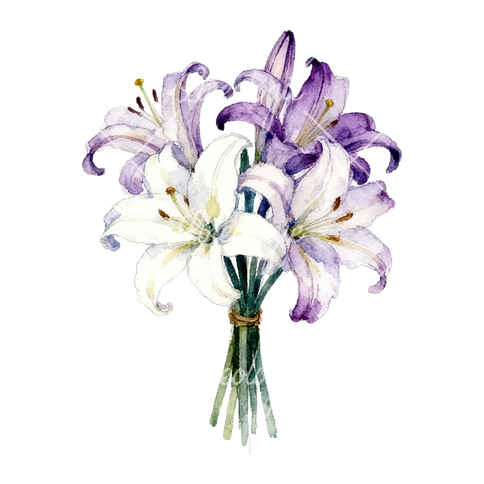 Watercolor white purple lily bouquet with agapanthus clipart 4 of 9 on a white background (JPG)